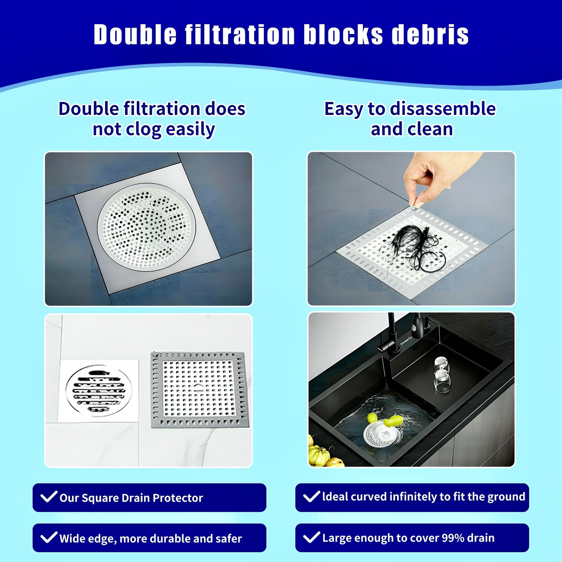 Cynn Select Shower Drain Hair Catcher,2PCS,4.72'',Flat Drain Hair Catcher,Shower Drain Cover/Filter, Bathroom/Kitchen Sink Drain Strainer,Stainless Steel and TPE