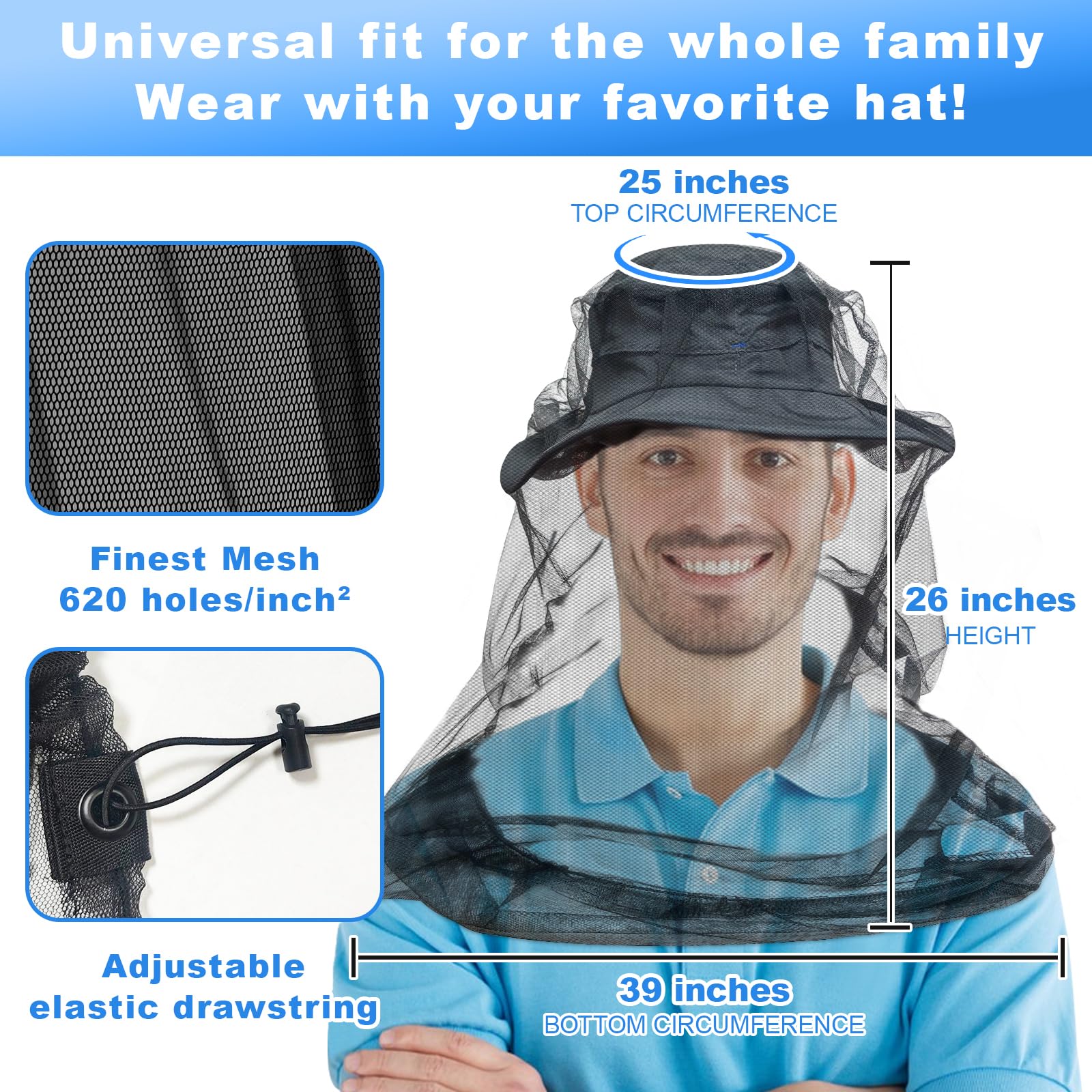 South to East Premium Mosquito Head Net for Insect, 2 Pack, Fly & Bug Protection | Ultra Large & Long, Extra Fine Holes for Camping, Hiking, Fishing, Gardening, Safari, Fits All Hats for Men & Women