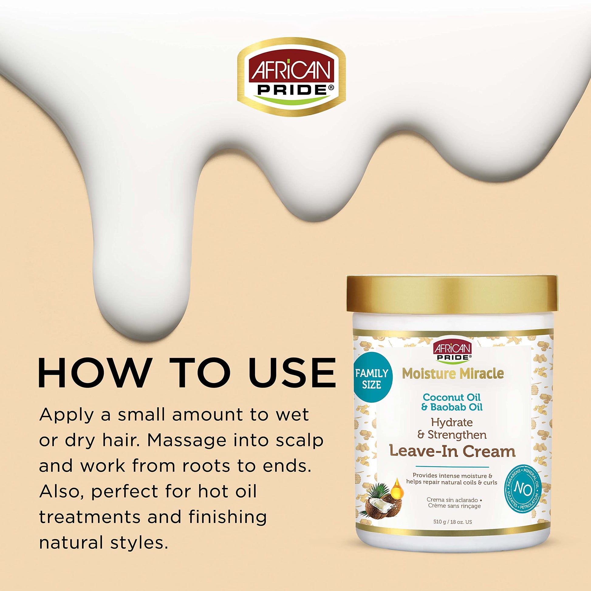 African Pride Moisture Miracle Coconut Oil & Baobab Oil Leave-In Hair Cream - Provides Intense Moisture & Helps Repair Natural Coils & Curls, Hydrates & Strengthens, 18 oz