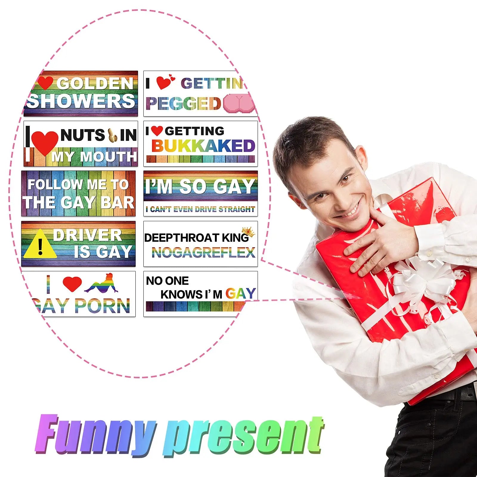 Frienda 10 Pcs Bumper Decals Funny LGBT Stickers Rainbow Bumper Prank Car Stickers Colorful Car Accessories for Truck Vehicle Luggage Window Refrigerator(Magnetic,Classic Style)