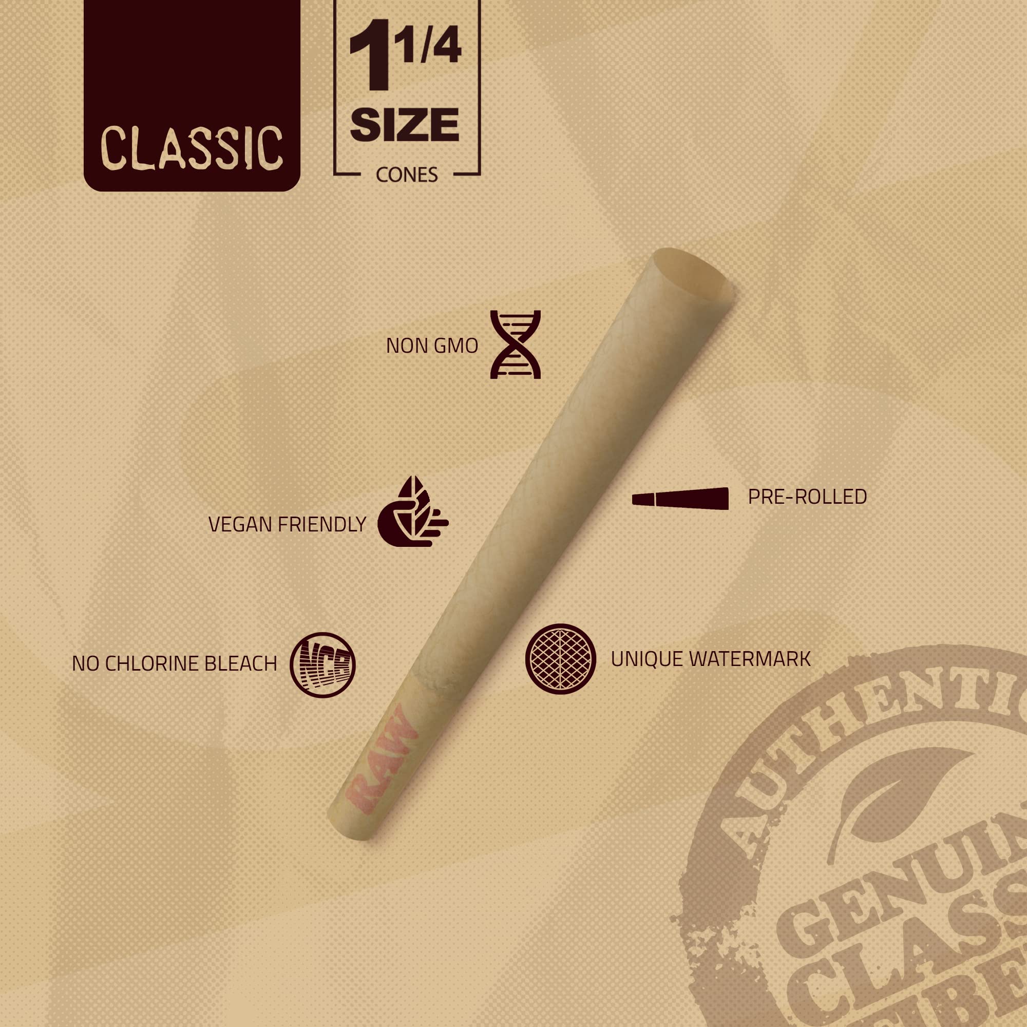 RAW Classic 1-1/4 Slow Burning Pre-Rolled Cones - 100 Pack with Tips & Packing Tubes Included