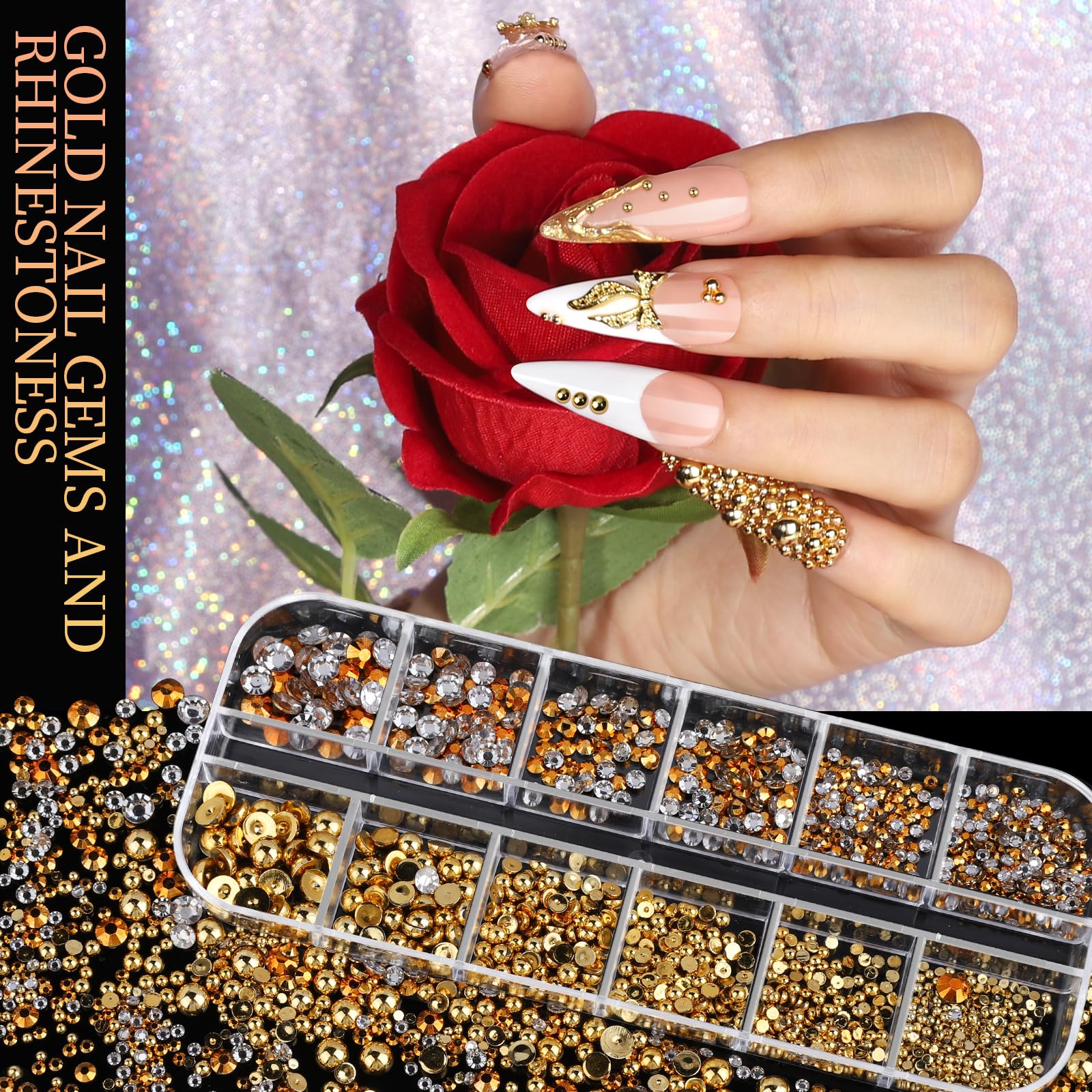 Teenitor Gold Nail Charms and Gems Set, 4 Boxes Nail Gems Nail Pearls Nail Art Tools, 3D Cross Nail Charms Heart Nail Rhinestones for Nails Supplies, Charms for Nails Design Nail Art Kit