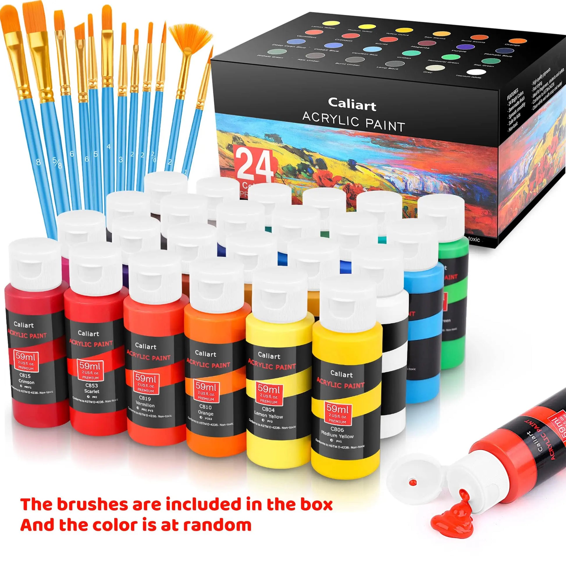 Caliart 24 Colors Acrylic Paint Set with 12 Brushes, Art Craft Paints Gifts Trendy Stuff for Adults Artists Kids Teens, Halloween Pumpkin Canvas Ceramic Rock Eggs Painting Kit Art Supplies