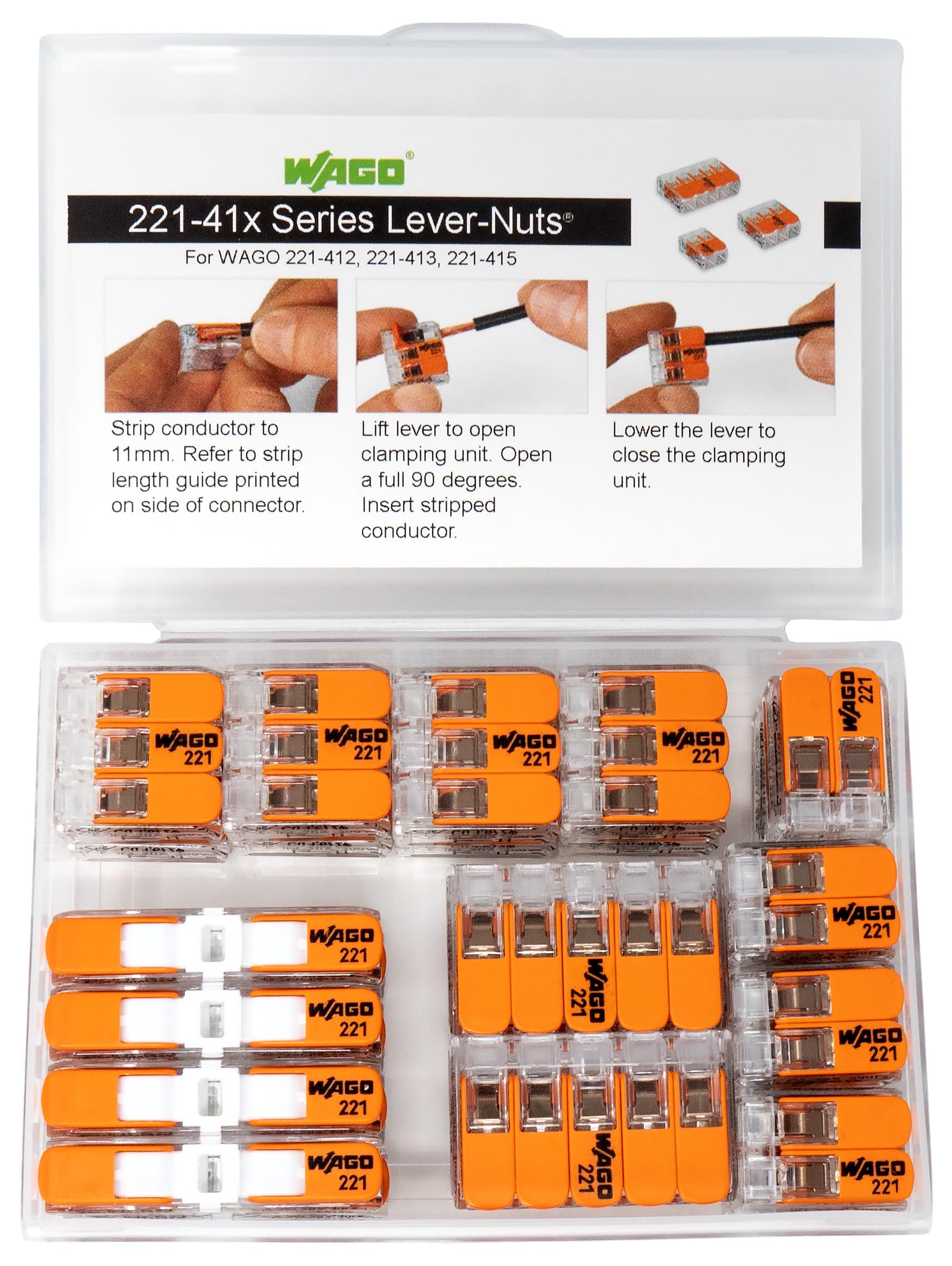 WAGO 221 Lever Nuts 28pc Compact Splicing Wire Connector Assortment with Case | Includes 221-2401, 221-412, 221-413, 221-415
