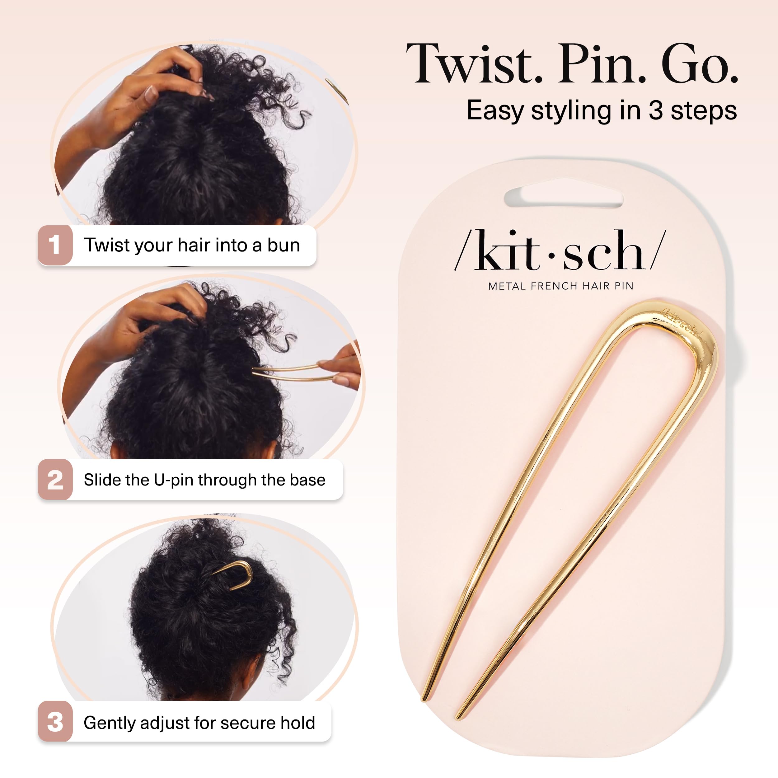 Kitsch French Hair Pins for Women – Elegant & Durable Metal Hair Fork for Updos, Chignon, Bun & Twist Hairstyles, Secure Hold All Day, Comfortable Fit- Gold, 1pc