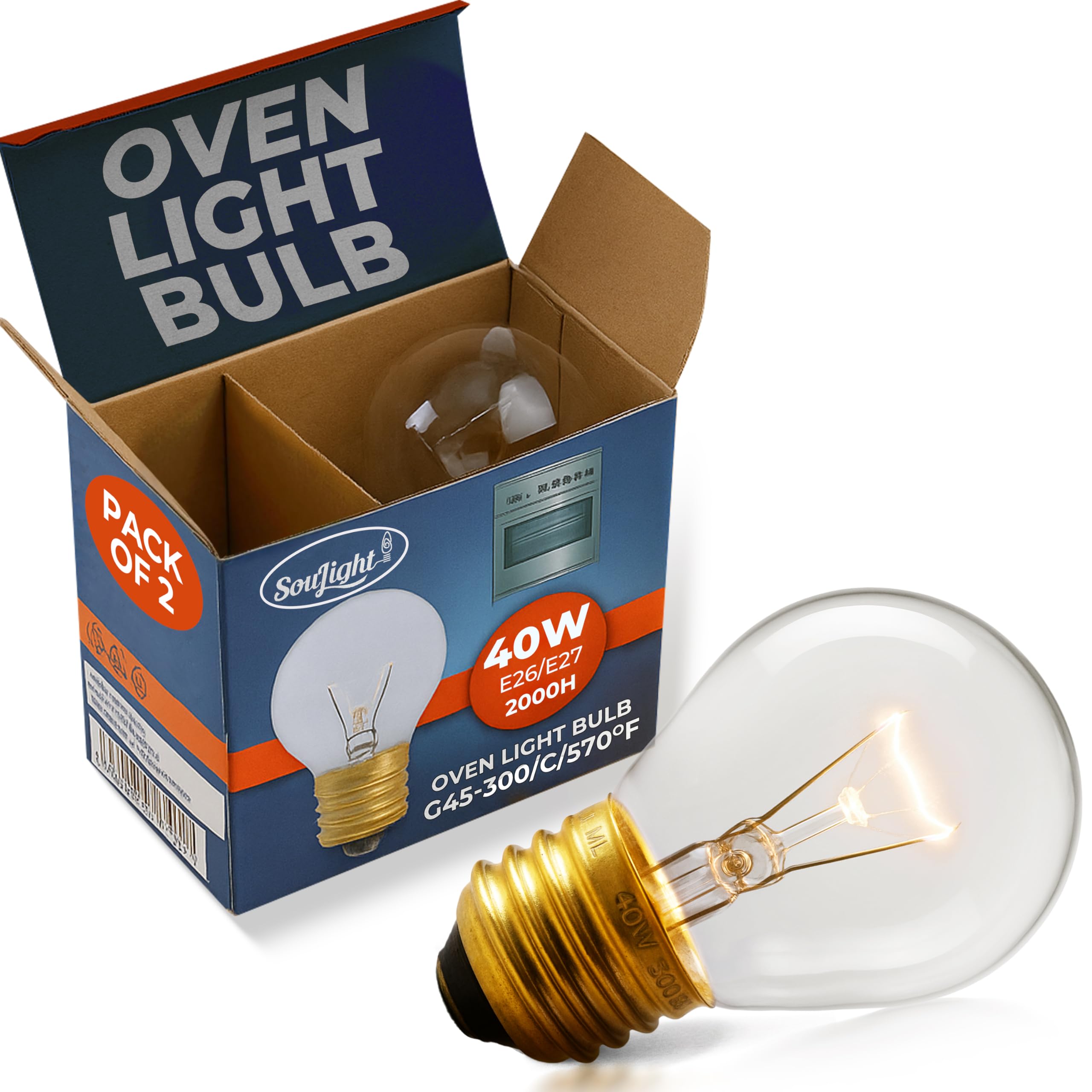 Oven Light Bulb - 40 Watt Appliance Replacement Bulbs for Oven, Stove, Refrigerator, Microwave. Incandescent - High Temp G45 E26/E27 Socket -Warm White - 400 Lumens - Clear.2 Pack