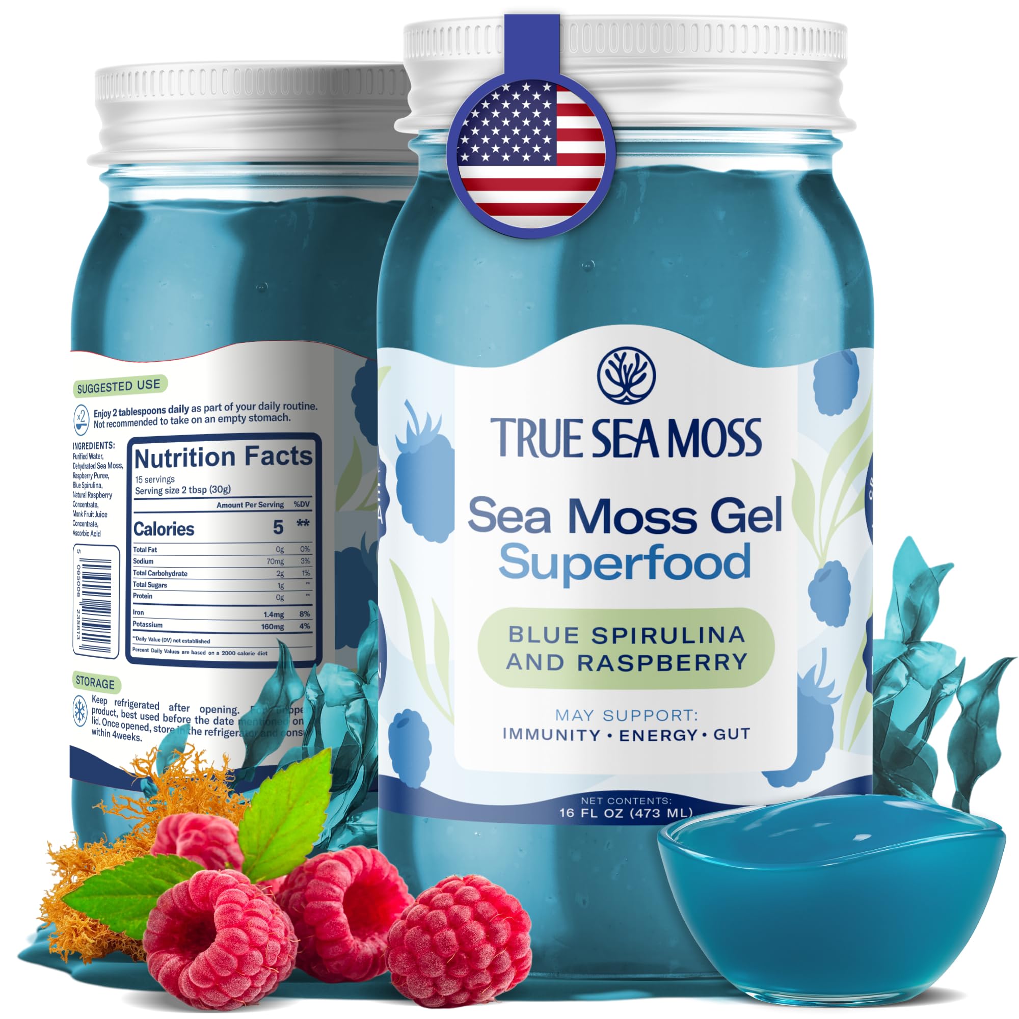 TrueSeaMoss Meeresalgen-Gel – Hergestellt in den USA – Wildgeernteter Seemoos, frisches Obst & Meeresgemüse – Blaue Spirulina, 1er-Pack (Etiketten können variieren)