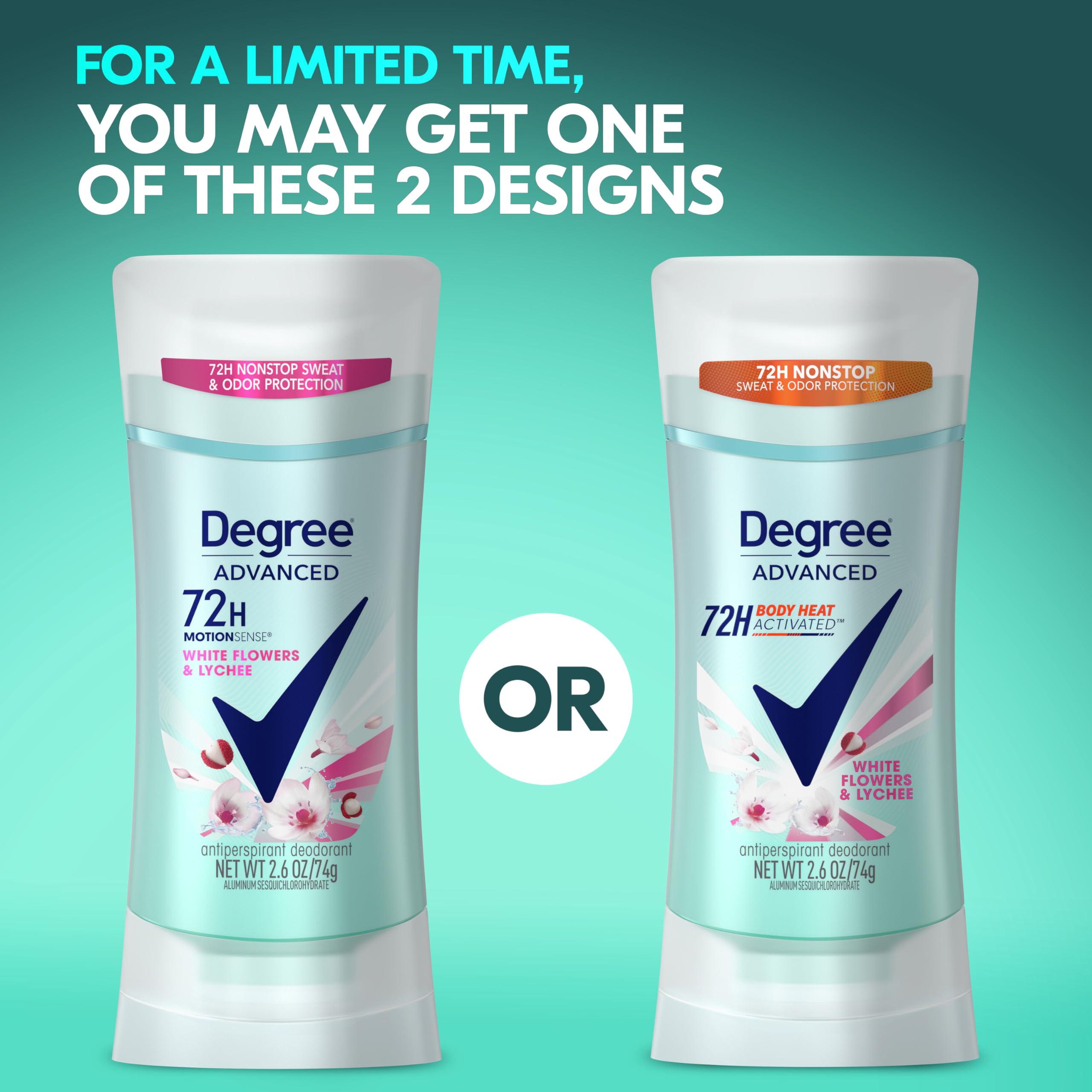 Degree Advanced Protection Antiperspirant Deodorant White Flowers & Lychee for 72-Hour Sweat & Odor Control for Women, with Body Heat Activated Technology, 2.6 oz