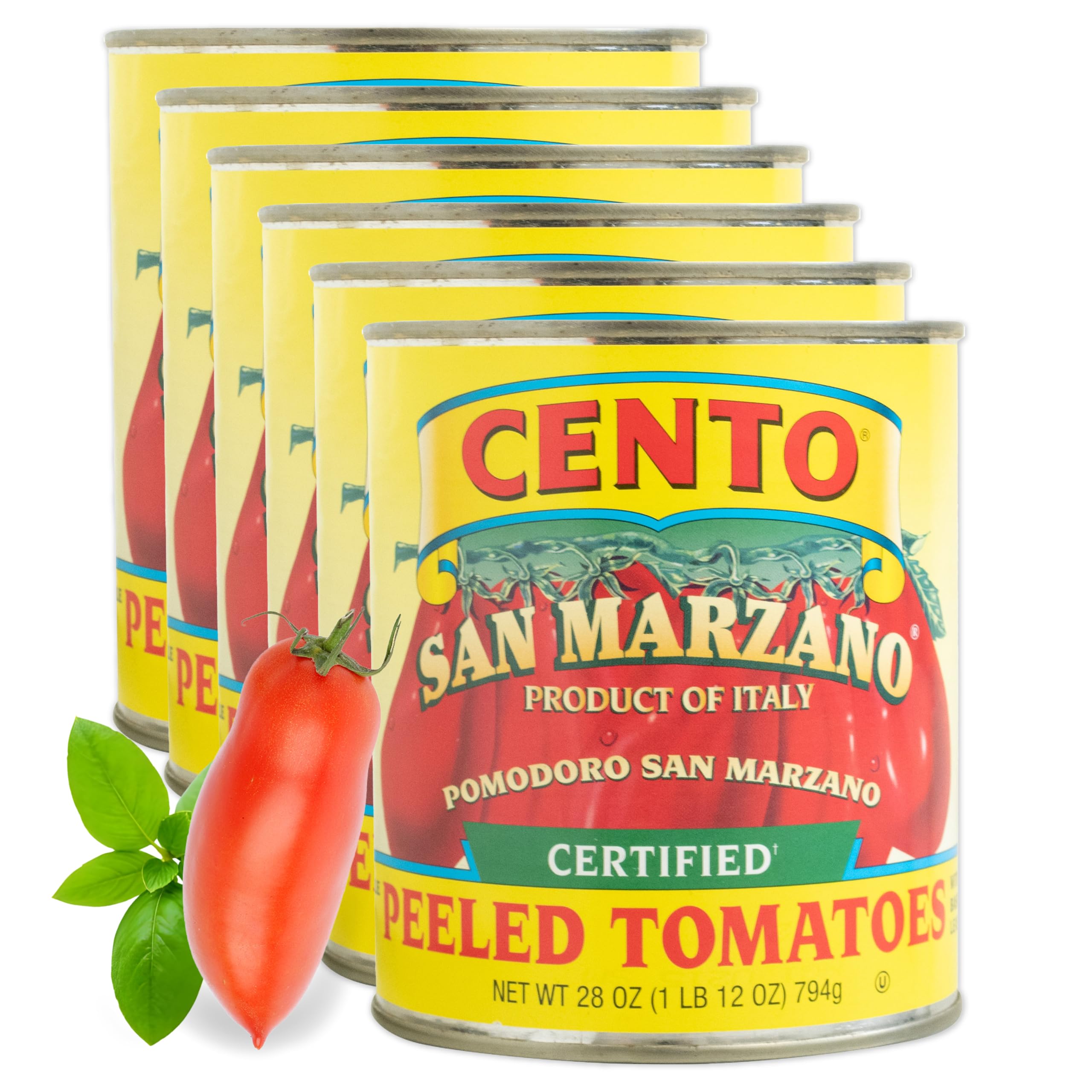 Cento Certified San Marzano geschälte ganze Tomaten, 28 Oz (6er-Pack), Pflaumentomaten in dicker pürierter Soße mit Basilikum, in Italien angebaut und verarbeitet