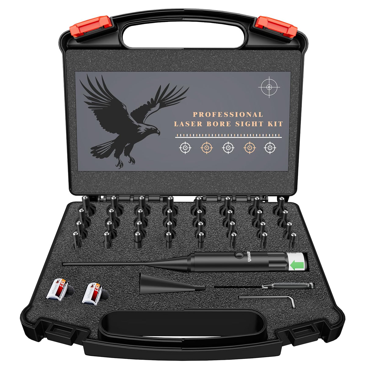 Bore Sight Laser Professionelles Grünlaser-Bore-Sight-Kit mit 32 Adaptern für Kaliber von 0,17 bis 12GA, Mehrkaliber-Grün-Hell-Bore-Sighter-Laser Leistungsstarke Unterstützung für alle Waffen, Gewehre, Pistolen