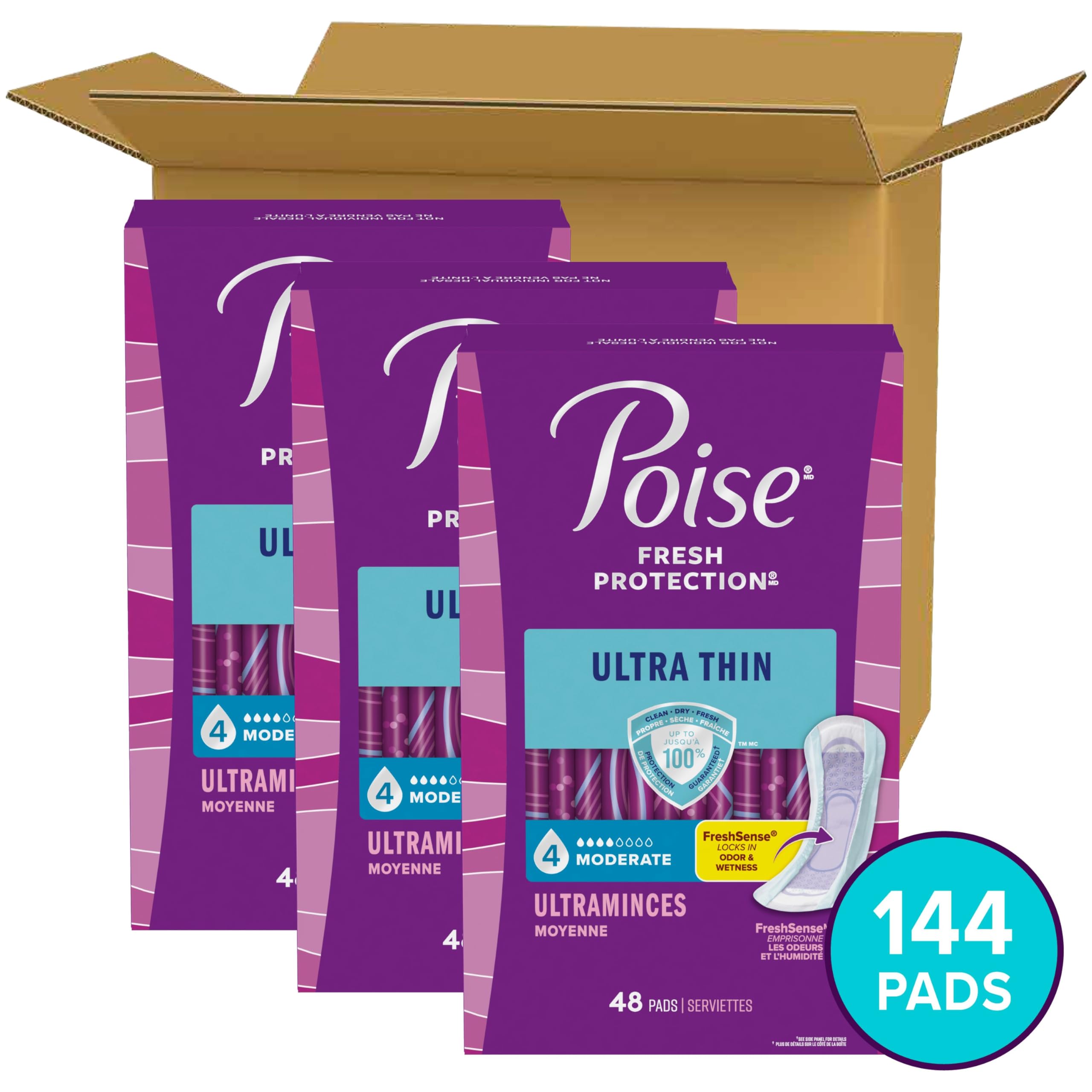 Poise Ultra Thin Incontinence Pads & Postpartum Pads for Bladder Leaks, 4 Drop Moderate Absorbency, Regular Length, 144 Count, Packaging May Vary