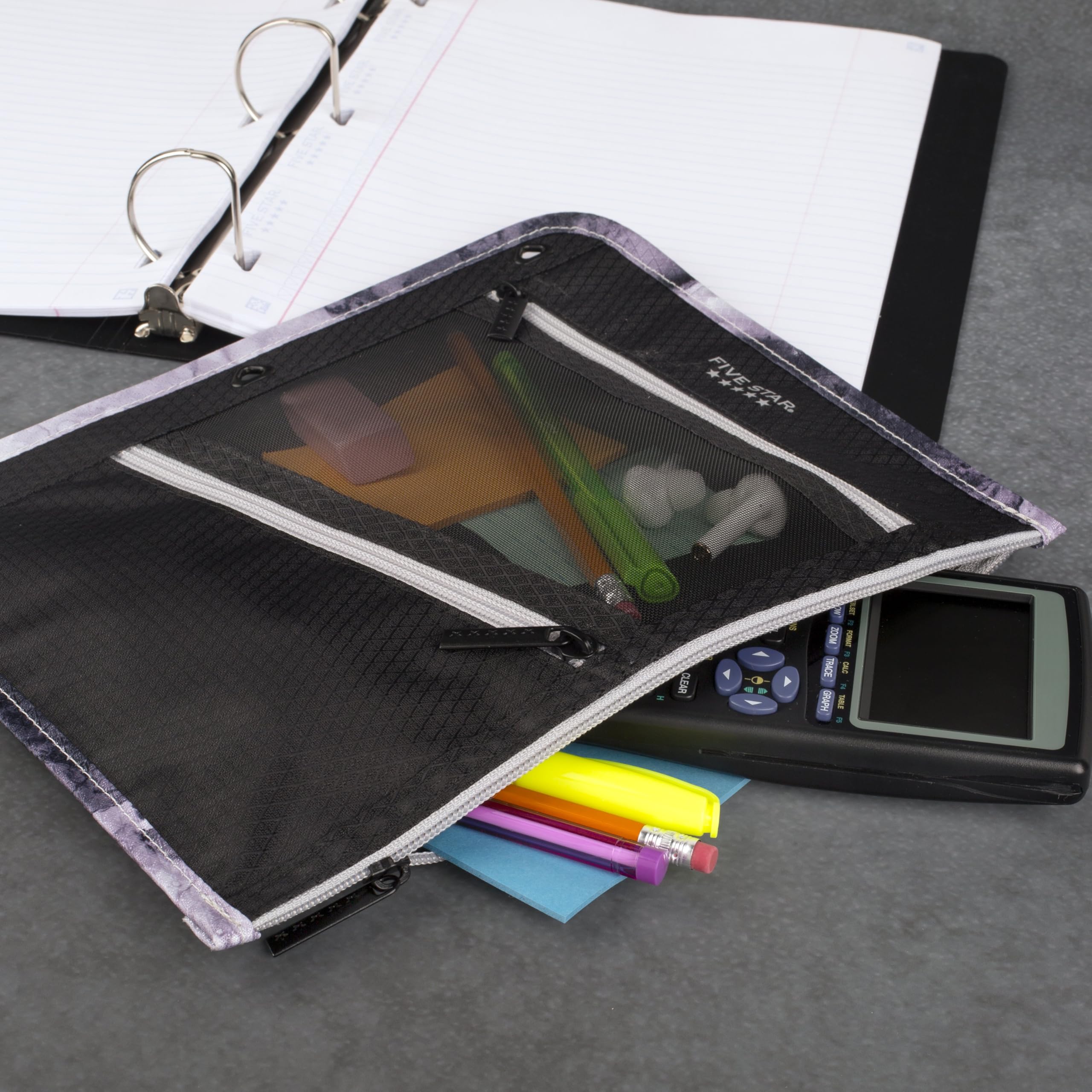Five Star Pencil Pouch, Pen Case, 3-Pocket Zipper Pouch, Fits 3-Ring Binder, Storage Organizer for Classroom Supplies Earbuds Chargers Cables Makeup, Black/Grey (506420A-ECM)