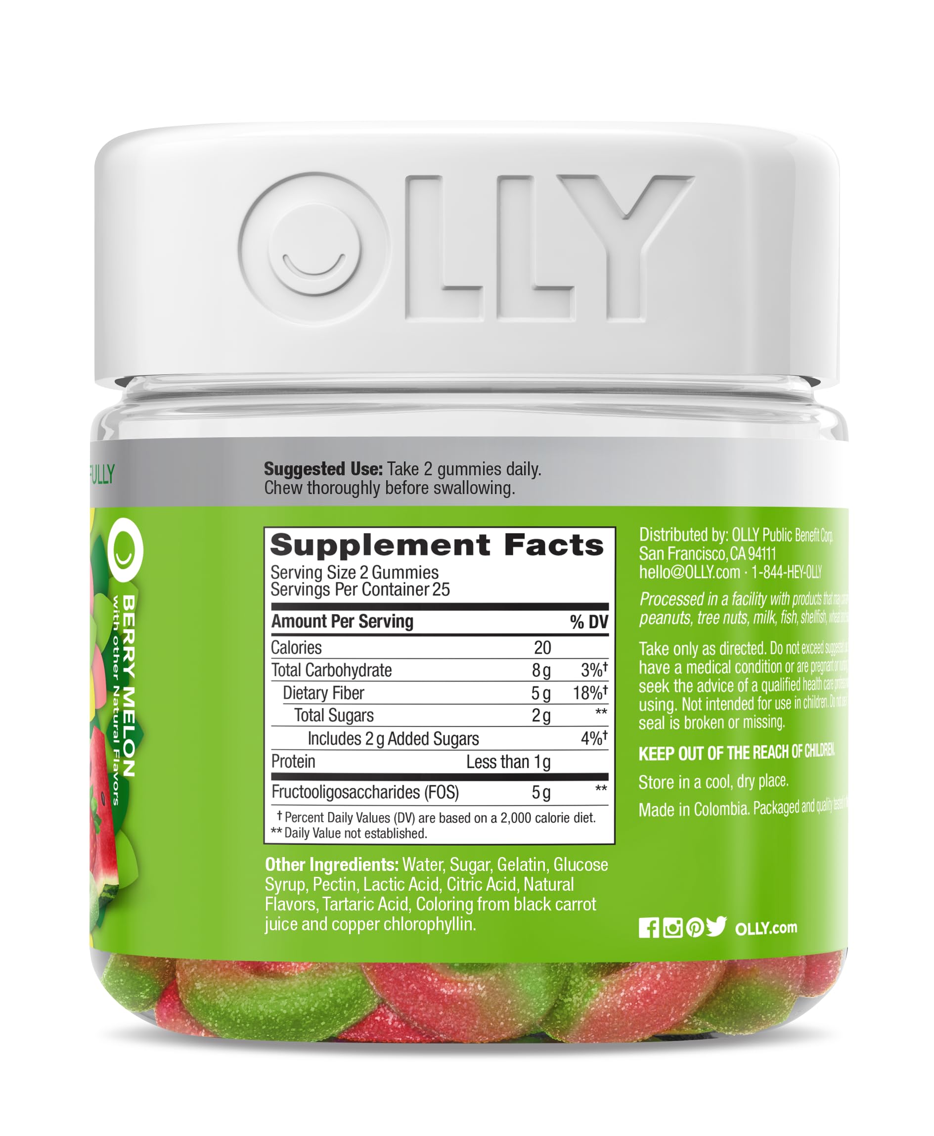 OLLY Fiber Gummy Rings, 5g Prebiotic Fiber, FOS (Fructo-oligosaccharides), Digestive Support, Berry Melon 50ct