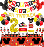 Mickey Mouse 2nd Birthday Party Supplies Oh Twodles Theme Party Decorations Includes Felt Banner,Welcome Hanger Door Sign, Tablecloth,Cake Cupcake Toppers,Mickey Head Balloons, 12 Latex Balloon,
