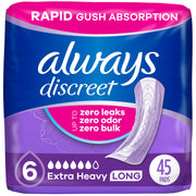 Always Discreet Adult Incontinence Pads for Women, Extra Heavy Absorbency, Long Length, Postpartum Pads, 45 Count