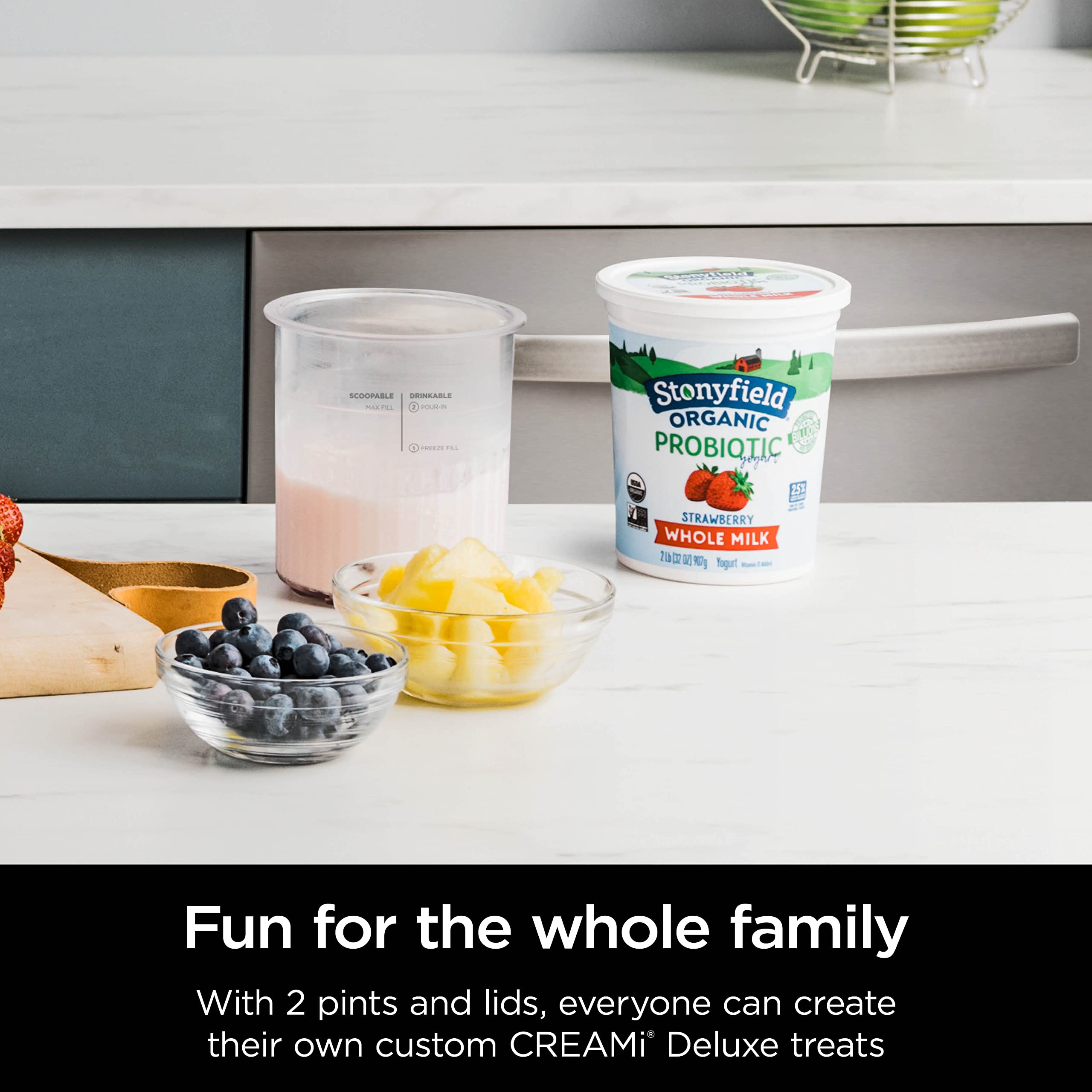 Ninja Creami Deluxe Pints 2 Pack, Compatible with NC500 Series Creami Deluxe Ice Cream Makers, Genuine Ninja Pint, BPA-Free & Dishwasher Safe, Color Lids, 1 Pint Each, Clear/Coral/Yellow, XSKPNTLD2​