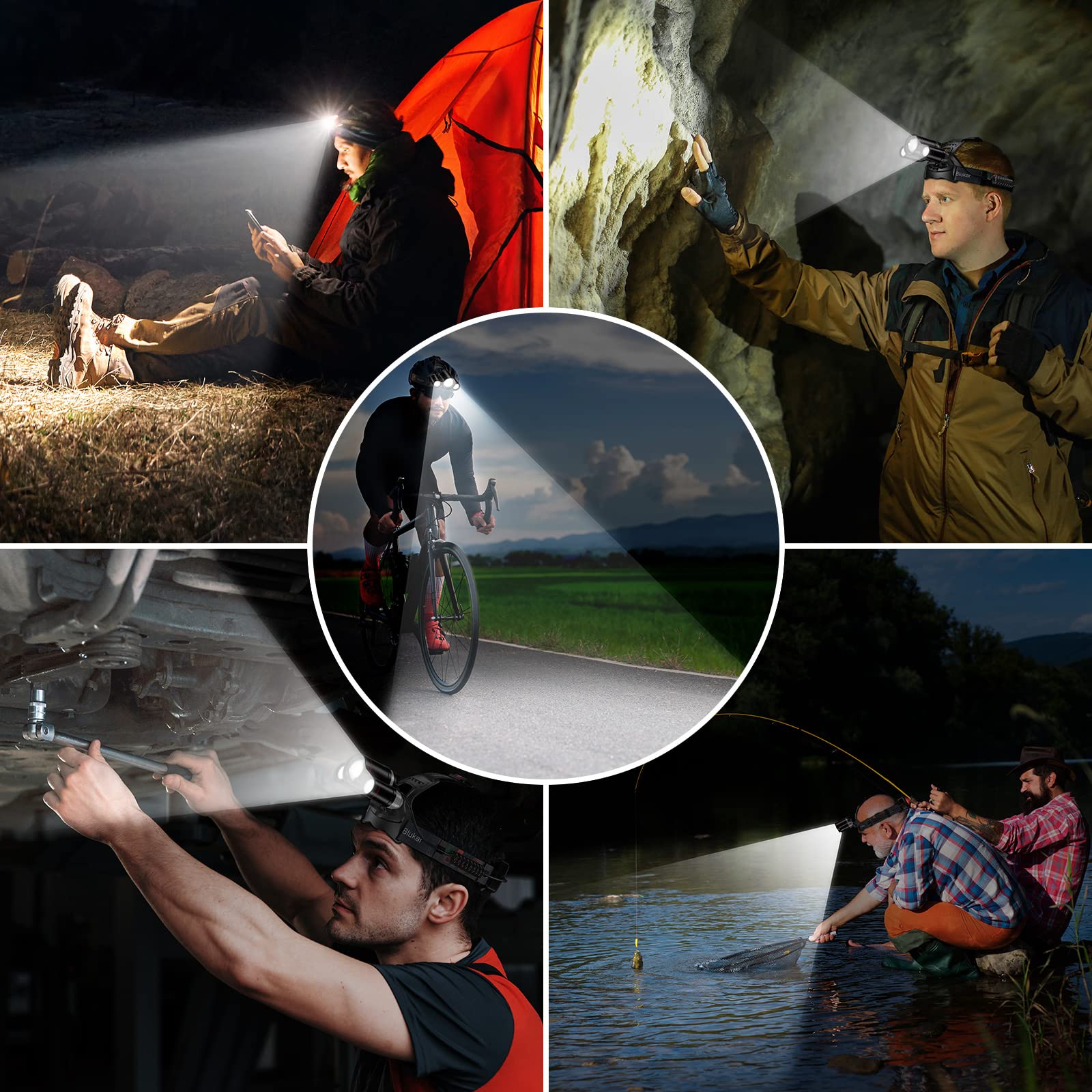 Blukar LED Headlamp, Super Bright Rechargeable Headlight Flashlight - 3 Lights 5 Modes,Zoomable,Spotlight&Floodlight Combination, IPX6 Waterproof, 20+Hrs Runtime for Running,Hiking,Camping etc.