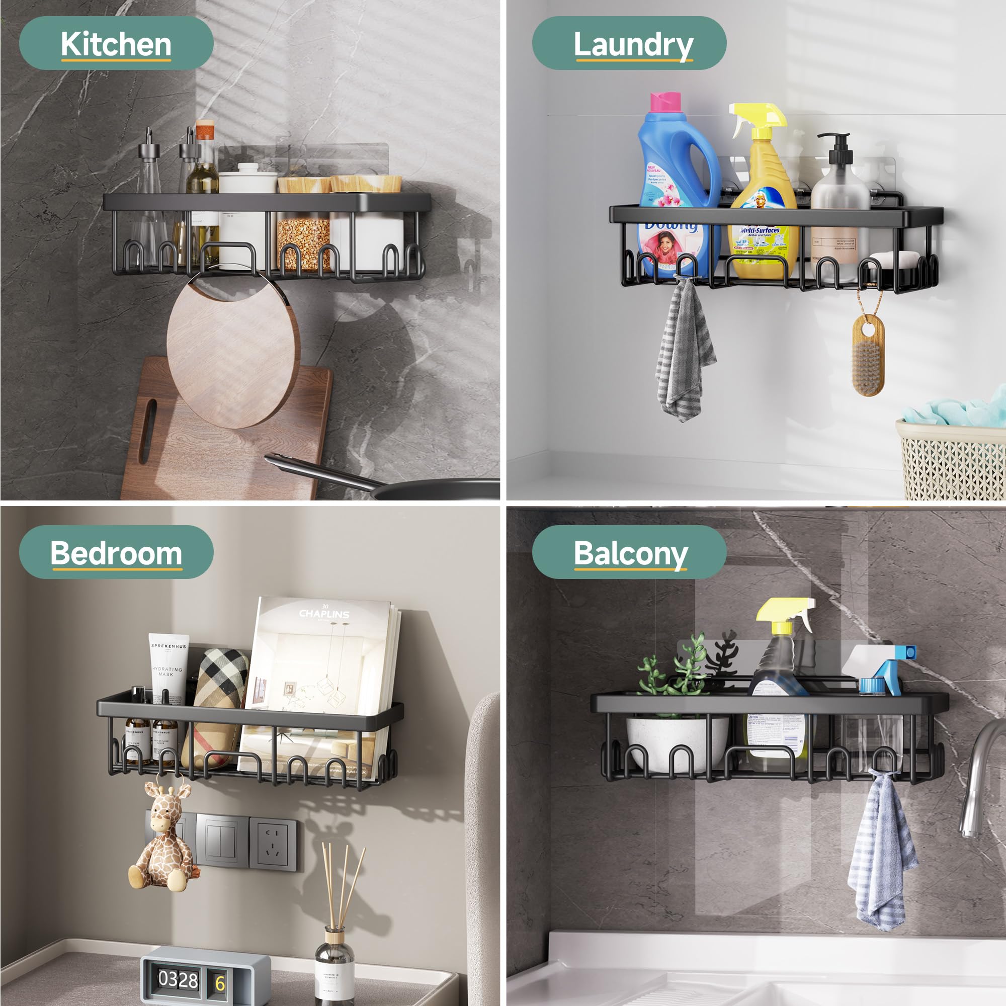Veken Rustproof & Waterproof Shower Caddy 6-Pack, No Drilling Adhesive Shelves Rack with Soap Holder, Large Capacity Bathroom Organizers and Storage, Wall-Mounted Kitchen & Home Decor