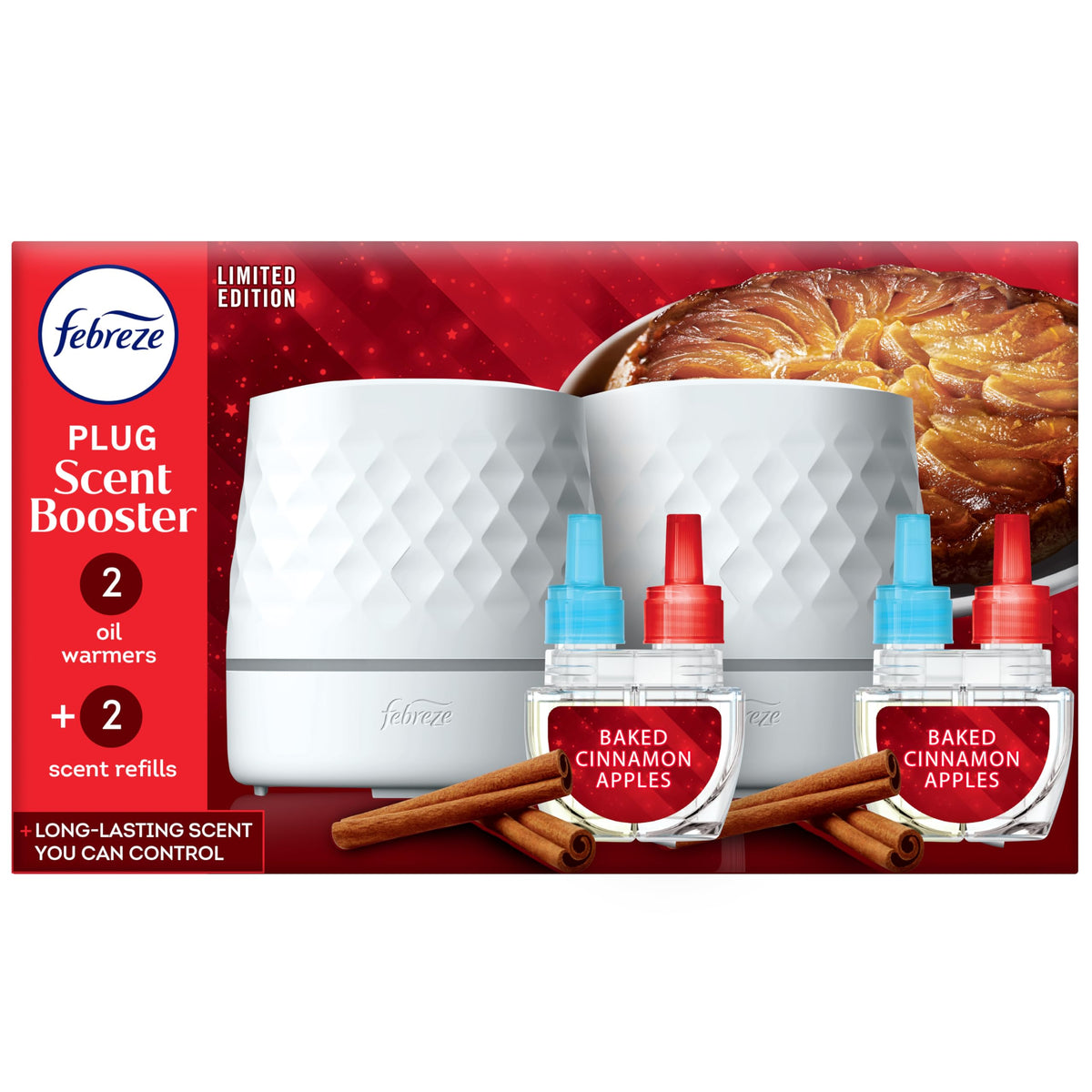 Febreze Plug Scent Booster Starter Kit, Oil Diffuser, Air Freshener Plug in, Continuous Scent, 2 Devices + 2 Baked Cinnamon Apple Refill