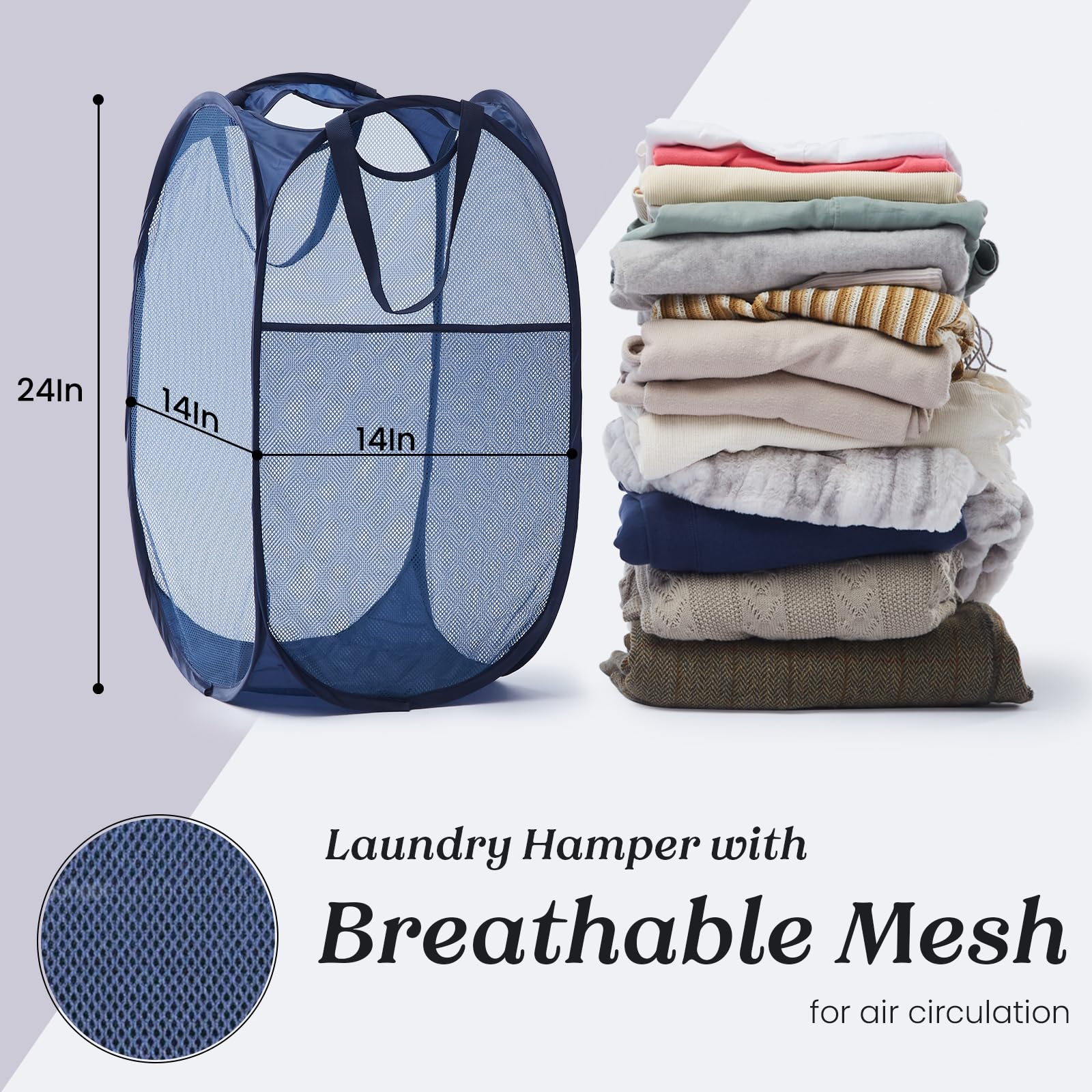 Collapsible Pop Up Laundry Basket, Hamper with Sturdy Handles and Side Pocket - Mesh Portable Foldable Dirty Clothes Hamper for Dorm, Laundry room, Bathroom and Travel Storage, Navy Blue