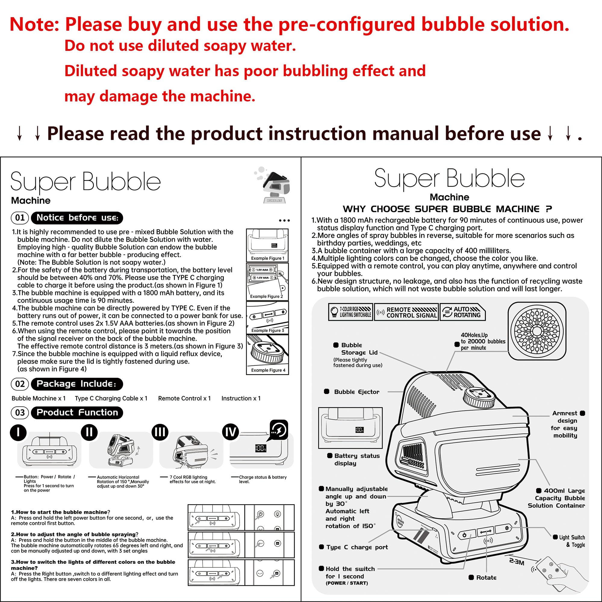 2025 Upgraded Bubble Machine with Remote Control, Automatic Rotation & RGB Lights, 1800mAh Rechargeable Battery, Type-C Charge, Bubble Maker for Kids, Weddings, Birthday Parties, Outdoor Activities