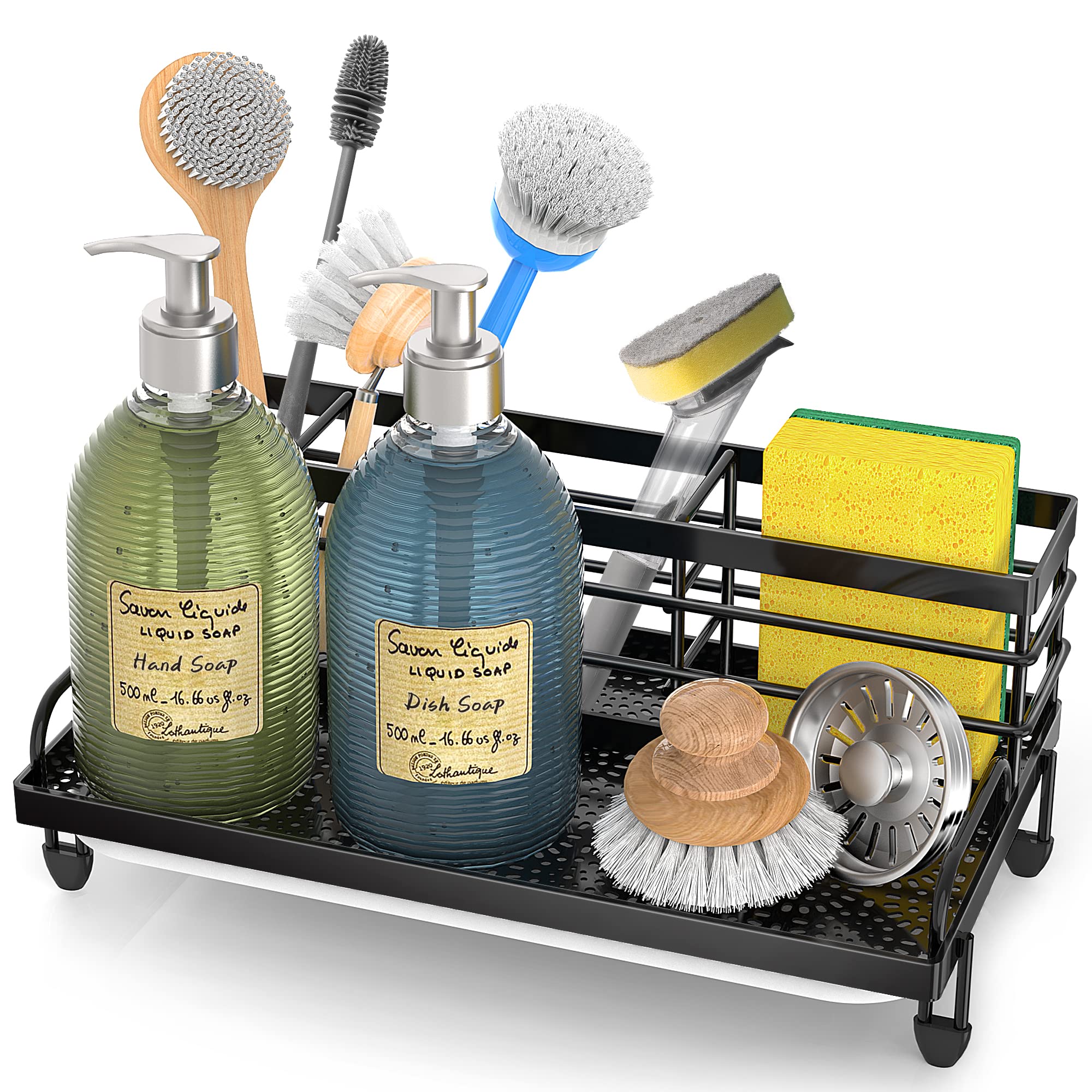 Cisily Large Kitchen Sink Caddy Organizer, Rustproof Non-Slip Soap Dish Dispenser Brush, Sponge Holder for Kitchen Sink, Kitchen Organization and Storage, Home Essentials Accessories（Black）