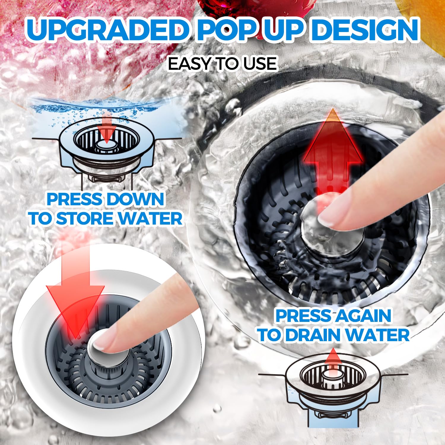 Upgraded 3in1 Kitchen Sink Drain Strainer & Sink Stopper, Stainless Steel Kitchen Drain Plug & Sink Installation Parts with Anti-Clogging Basket, Fit US Standard 3-1/2'' Sink Drain Hole, Silver