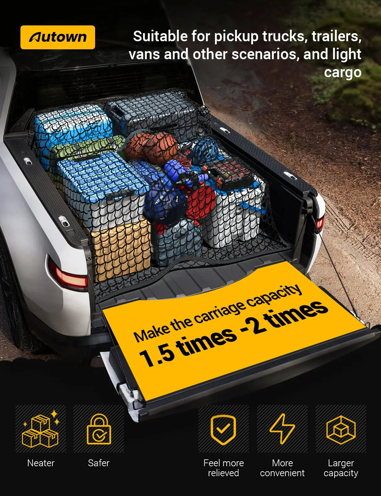 AUTOWN Cargo Net for Pickup Truck Bed - Stretchable 4'x4' to 7'x7', High Elastic Fine Mesh 1''x1'' with 8 Metal Carabiners - Ideal for ATV, SUV, UTV, Truck and Boat Use (Single Layer)