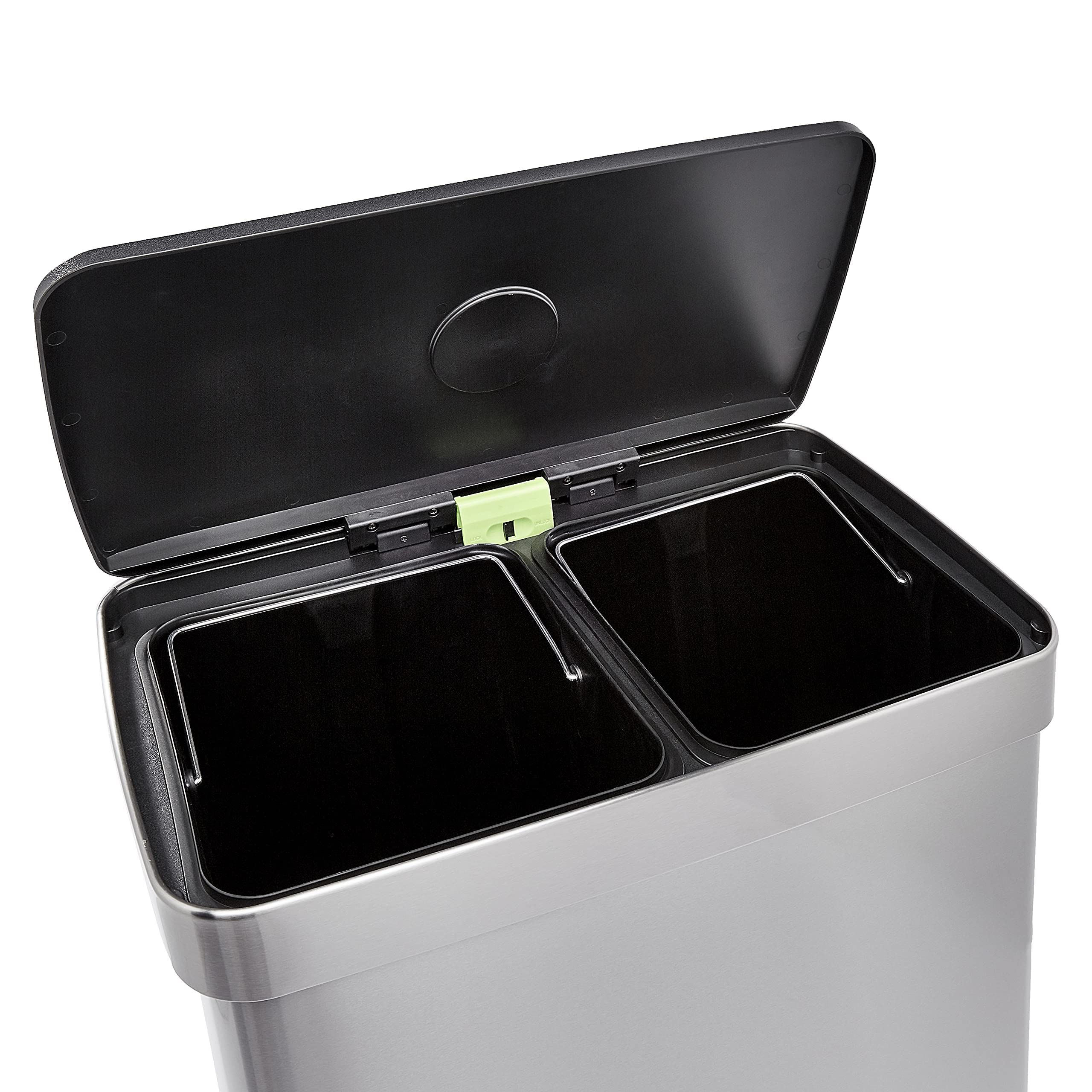 Amazon Basics Dual Compartment Recycling Trash Can with Soft-Close Lid and Removable Liner Buckets, 60 Liters, Rectangular, Grey, Silver