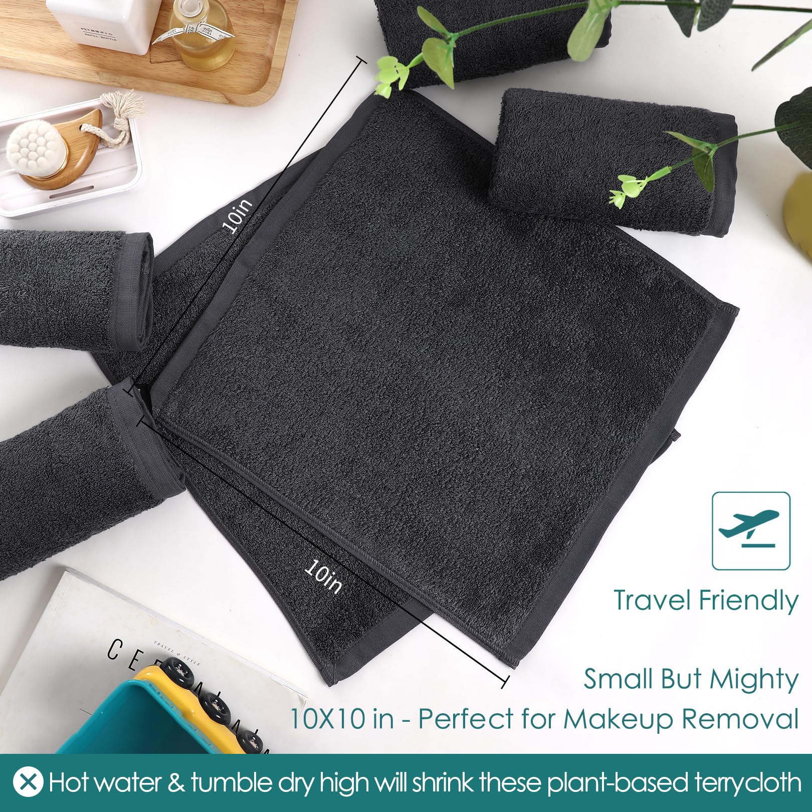 Wash Cloths 6 Pack, Super Soft and Skin Friendly Face Towel for Sensitive Skin, Reusable Washable Makeup Remover Cloth, 10x10 inch Small Face Washcloth, Easy to Rinse Dark Grey Facial Cleaning Cloths