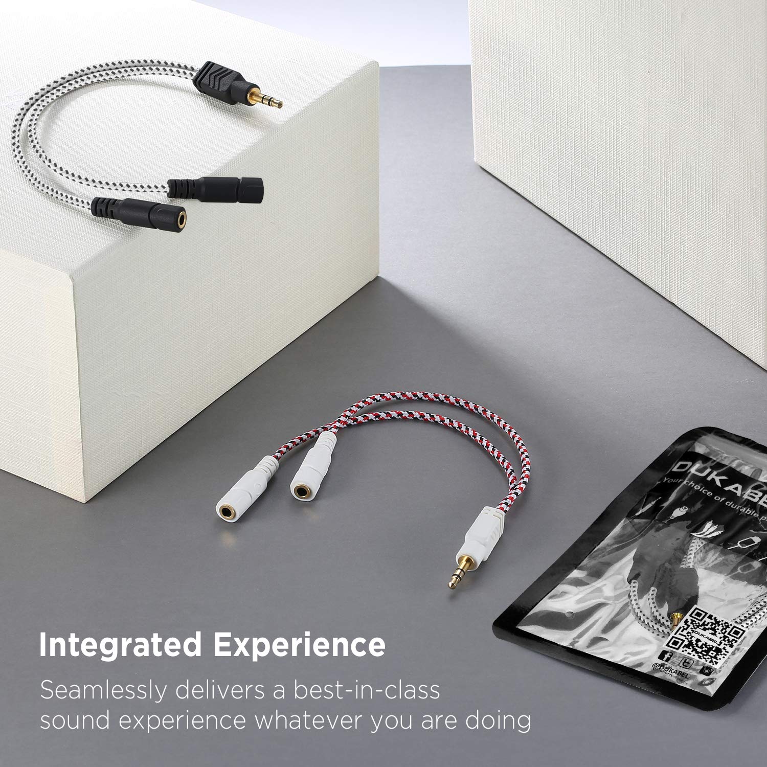DUKABEL Headphone Splitter, Knitted 3.5mm Audio Splitter TRS 3-Pole Aux Splitter Cable for Headphones Earphones Speakers -Zebra White