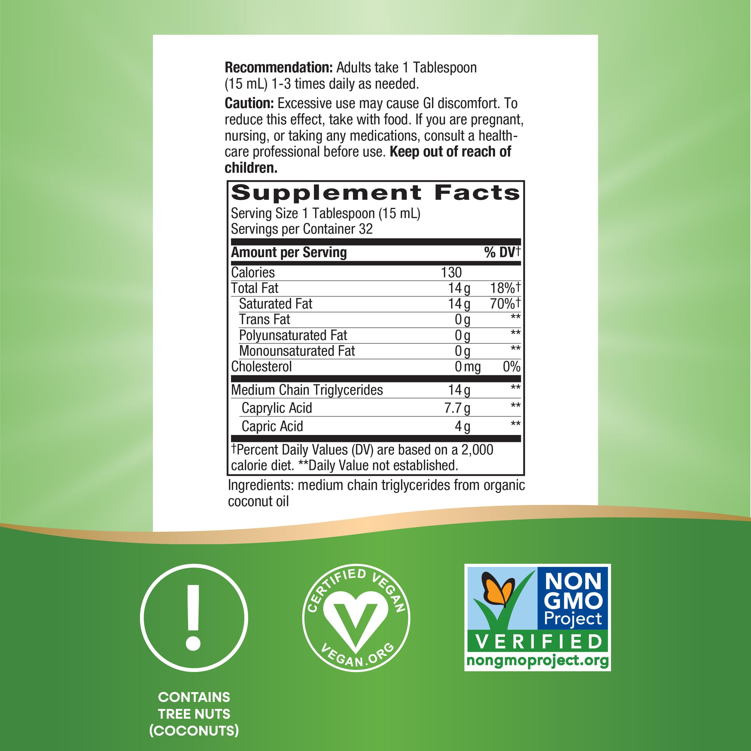 Nature's Way Organic MCT Oil, 16 Fl Oz, Brain and Body Fuel from Coconuts*, C8 Caprylic Acid and C10 Capric Acid, Keto and Paleo Certified, Organic, Non-GMO Project Verified