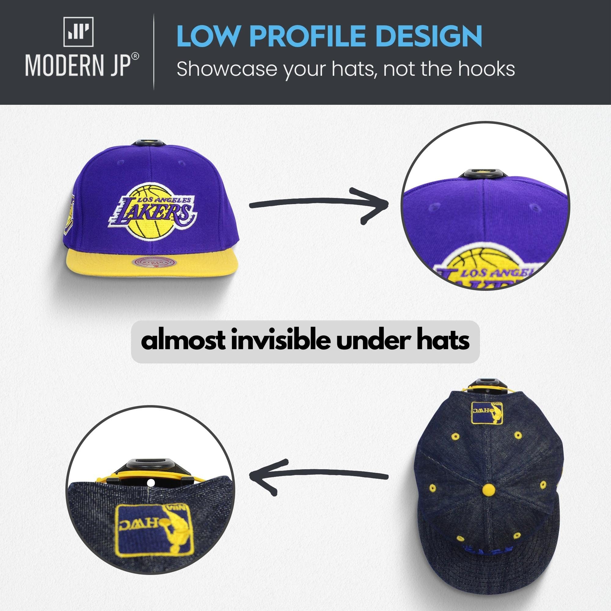 Modern JP Adhesive Hat Hooks for Wall (16-Pack) - Hat Rack for Baseball Caps, Minimalist Hat Display, Strong Hold Hat Hangers for Wall - USA Patented, Black