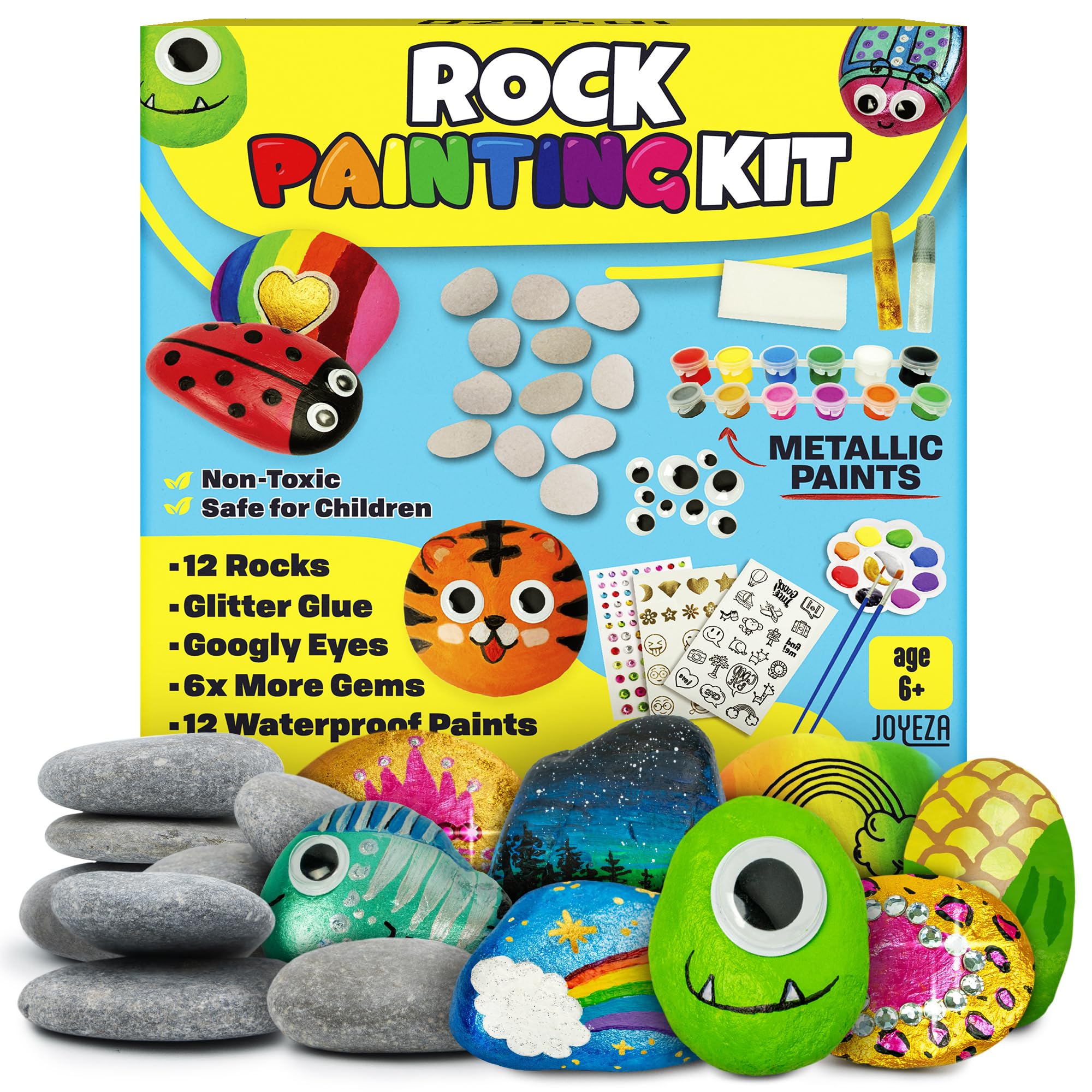 JOYEZA Rock Painting Kit Deluxe, Arts and Crafts for Girls Boys Age 6+, 12 Rocks Tween Gift Art Set, Waterproof Paints, Craft Kits Art Supplies, Kids Crafts Ages 6-8, Kids Activities 6 7 8 9 10
