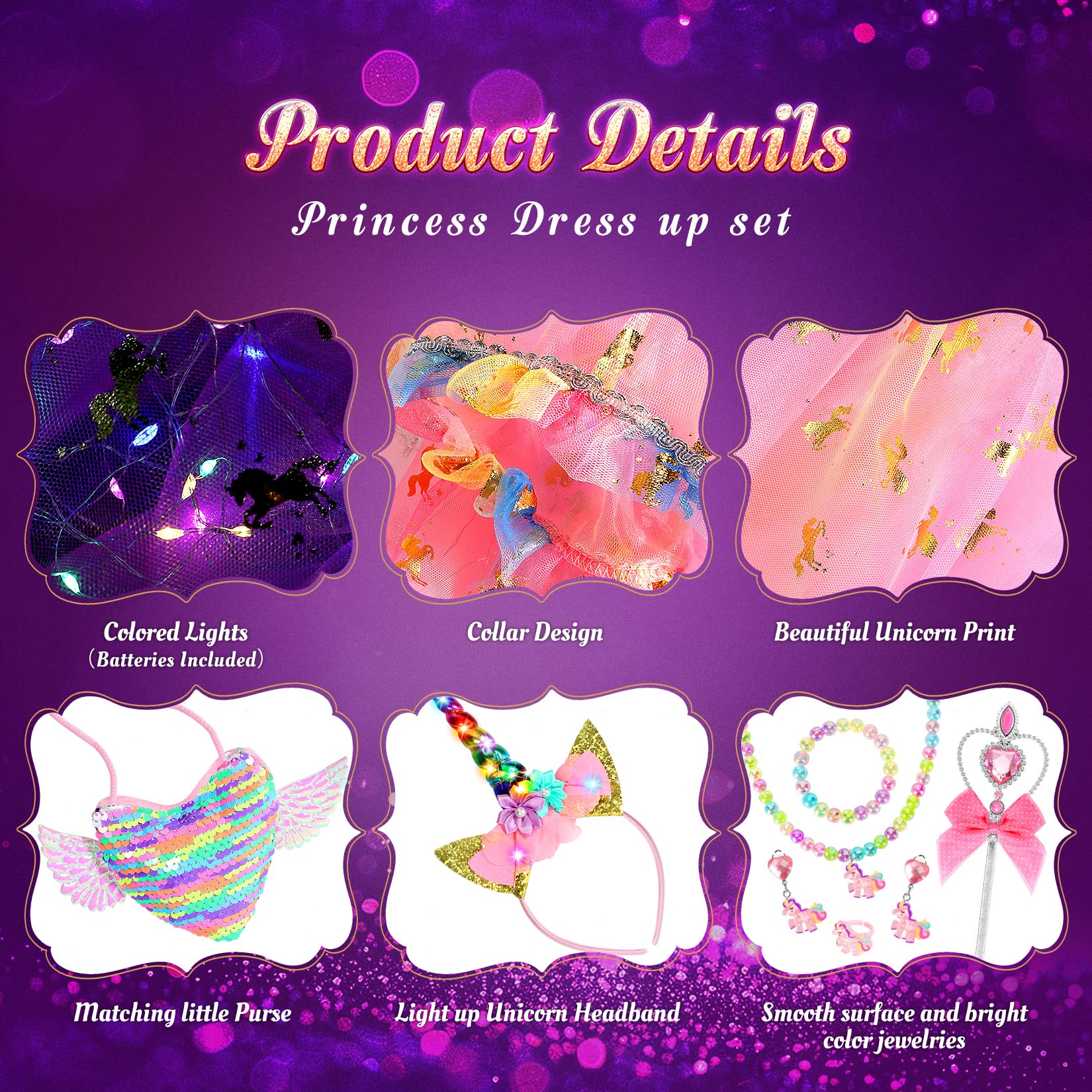 Fedio Princess Dress up for Girls,Unicorn Light up Princess Cape Set,Light up Princess Dress with Unicorn Toys for Girls 3-8 Halloween