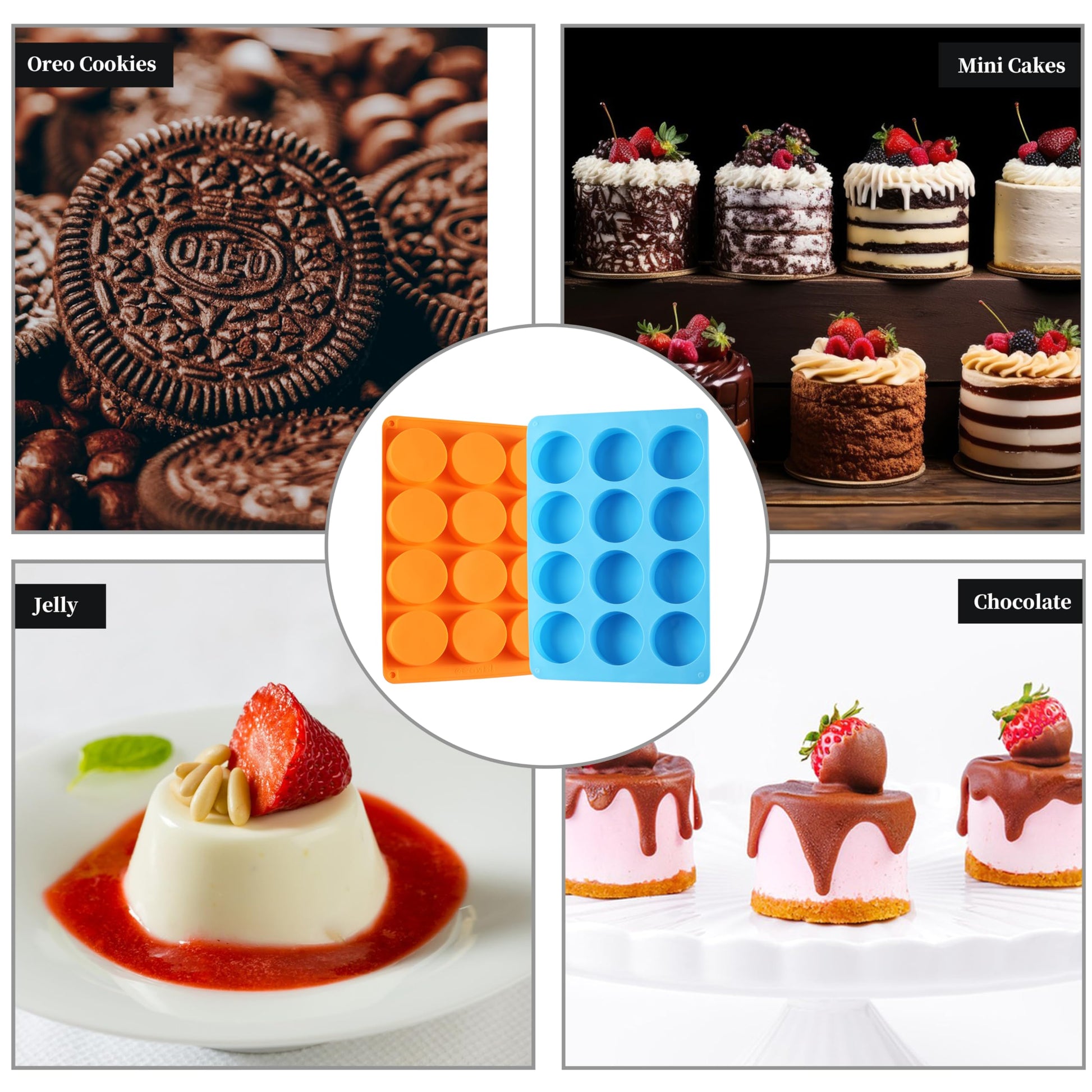 2PCS Silicone Oreo Molds, LCCOWOT 12 Cavity Cookie Chocolate Round Silicone Mold, Baking Mold for Chocolate, Oreo, Cookie, Cany, Mini Cake, Dishwasher Safe (Orange+Blue)