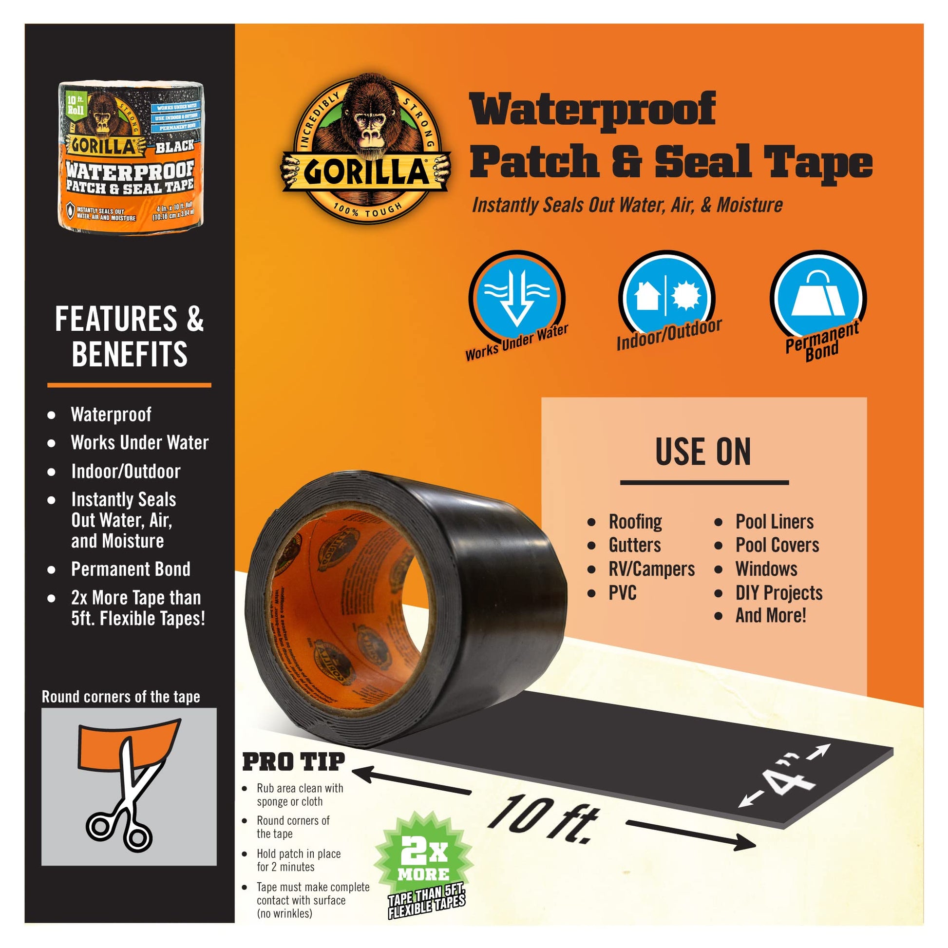 Gorilla Waterproof Patch & Seal Tape, Black Tape, 4" x 10' (Pack of 1) - Permanent Weather Resistant Seal for Leaks and Repairs