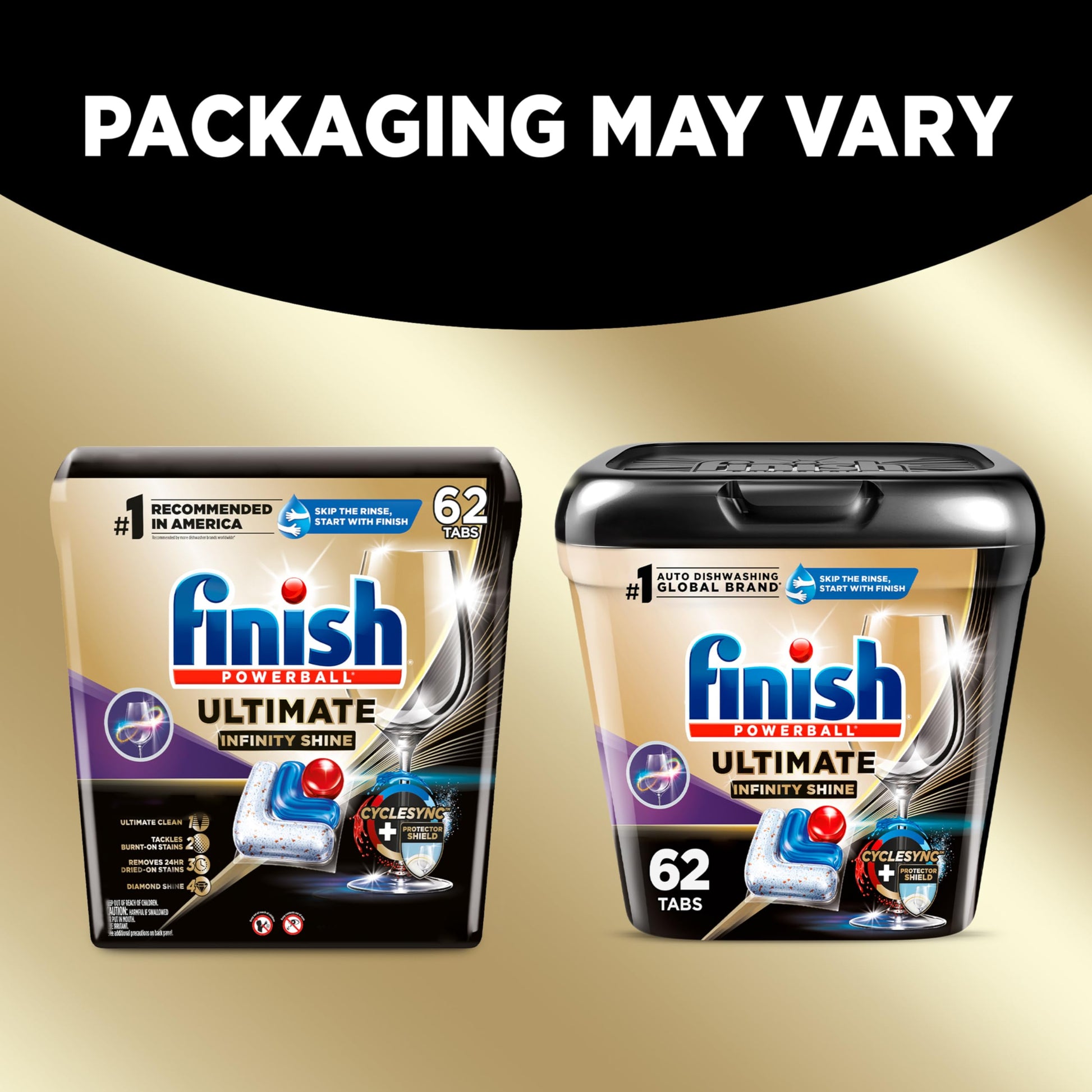 Finish Ultimate Infinity Shine Dishwasher Pods, No Pre-Rinse Dishwasher Detergent Soap Removes Burnt-On Stain, with Protector Shield & CycleSync Technology, Degreasing & Scrubbing Power, 62 Count