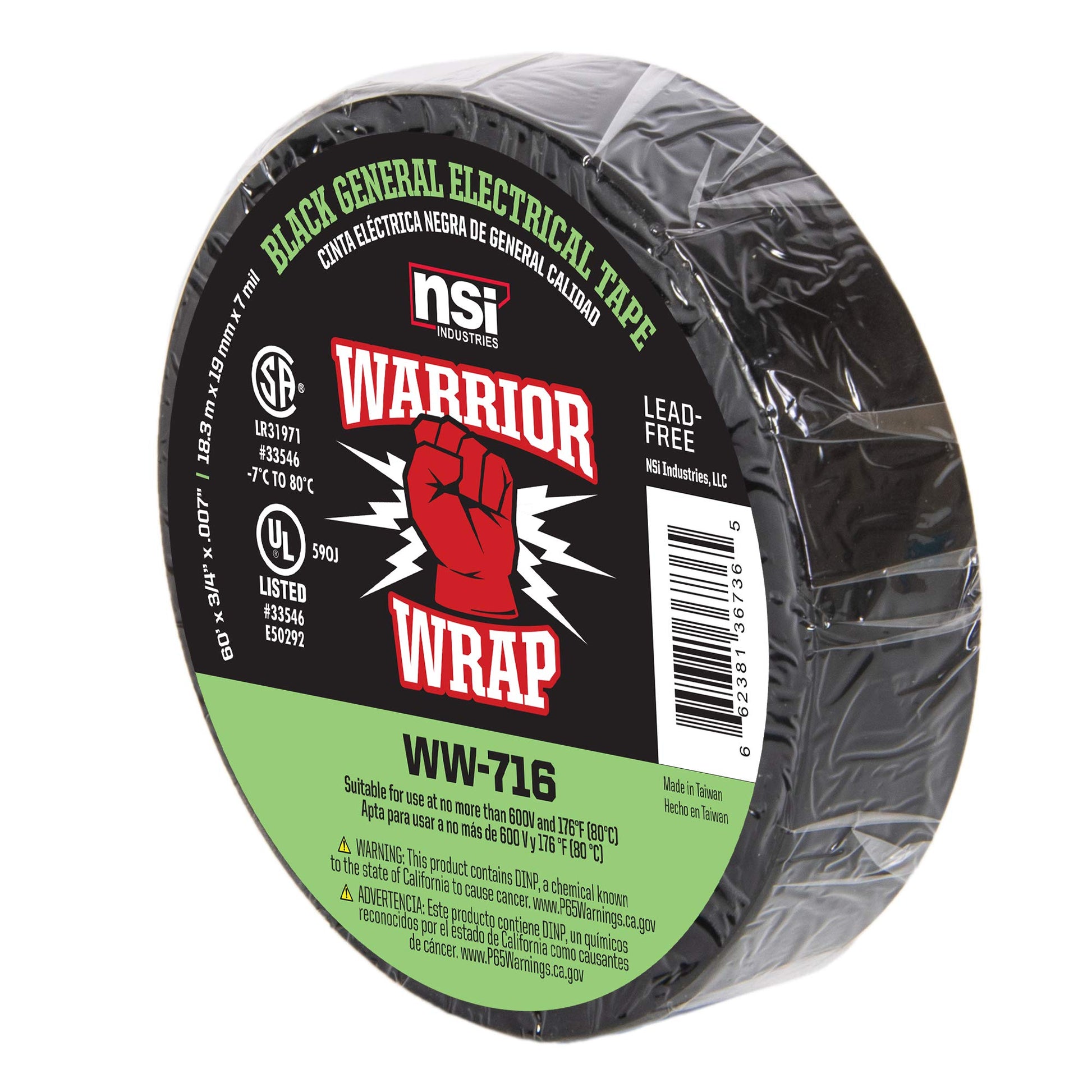 WarriorWrap General 3/4 in. x 60 ft. 7 mil Vinyl Electrical Tape, Black