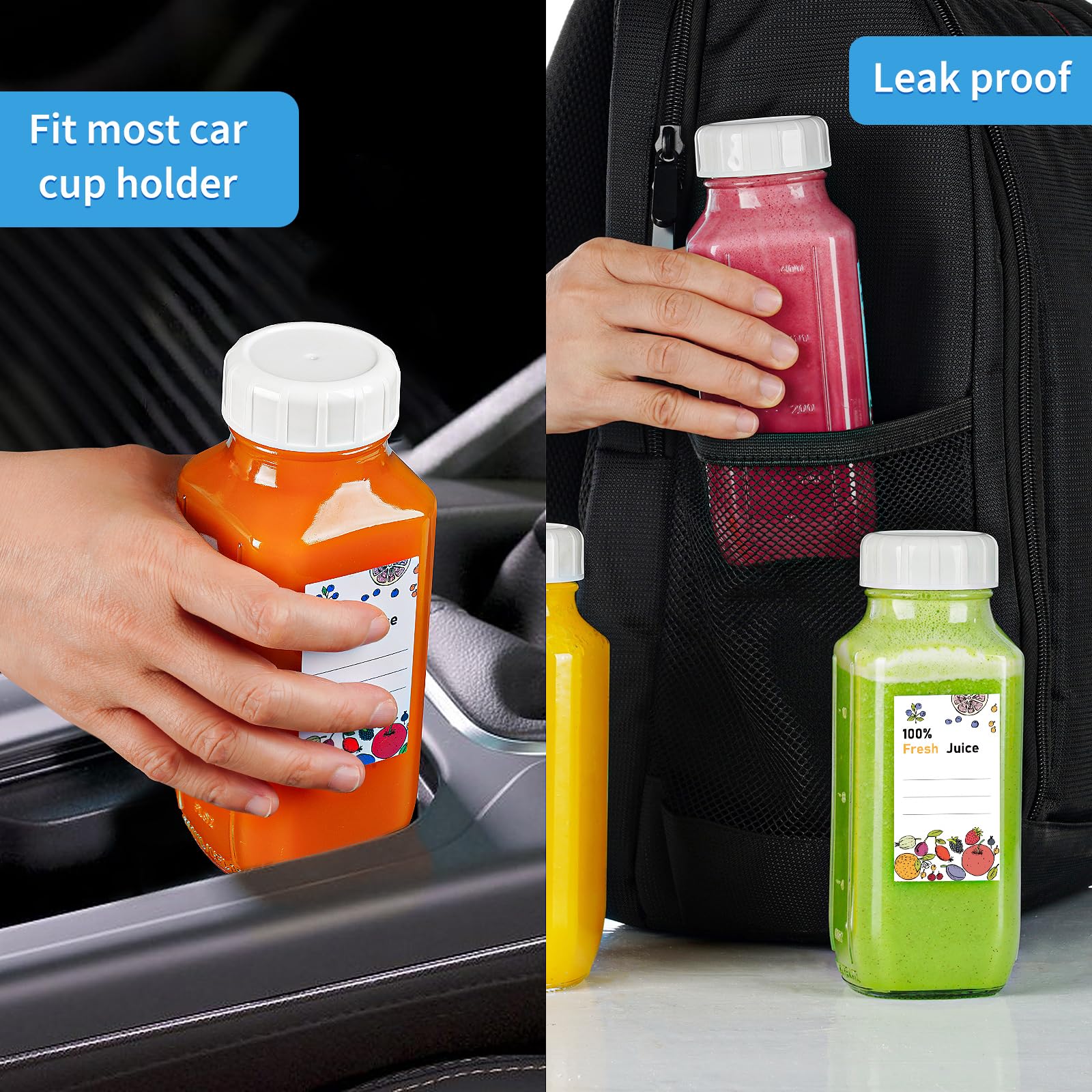 8 Pack 16 Oz Reusable Glass Milk Bottles w 100% Airtight Heavy Duty SCREW Lid & 2 Pour Spouts - Glass Juice Bottles w Capacity Mark - Beverage Drinking Jar Juice Container Breast Milk(Extra 2 Lids)
