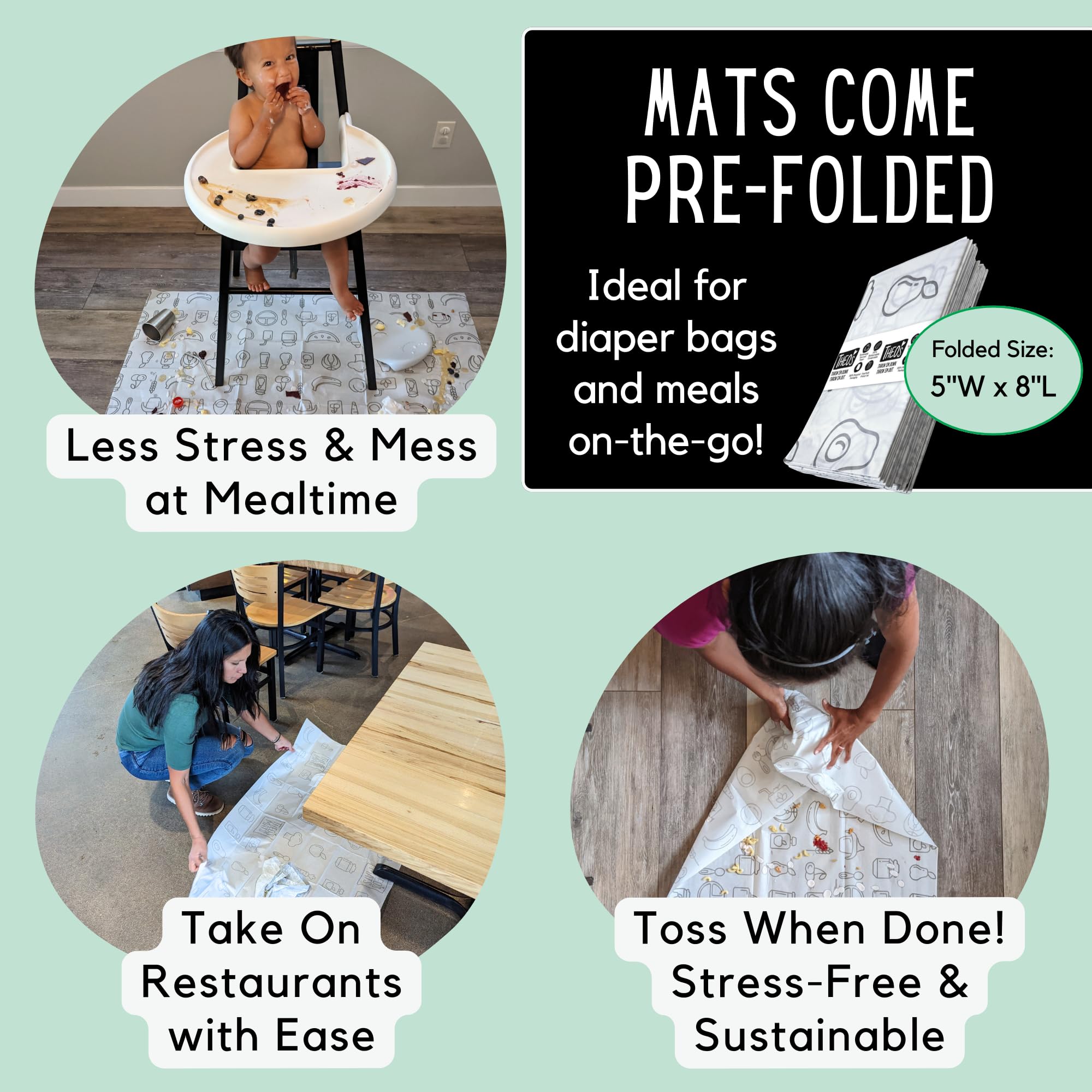 30 Pack | Disposable Splat Mats | Biodegradable + Compostable | THEO'S MATS | Under Highchair Splat Mat for Floor | Baby Led Weaning Supplies | (THEO001)