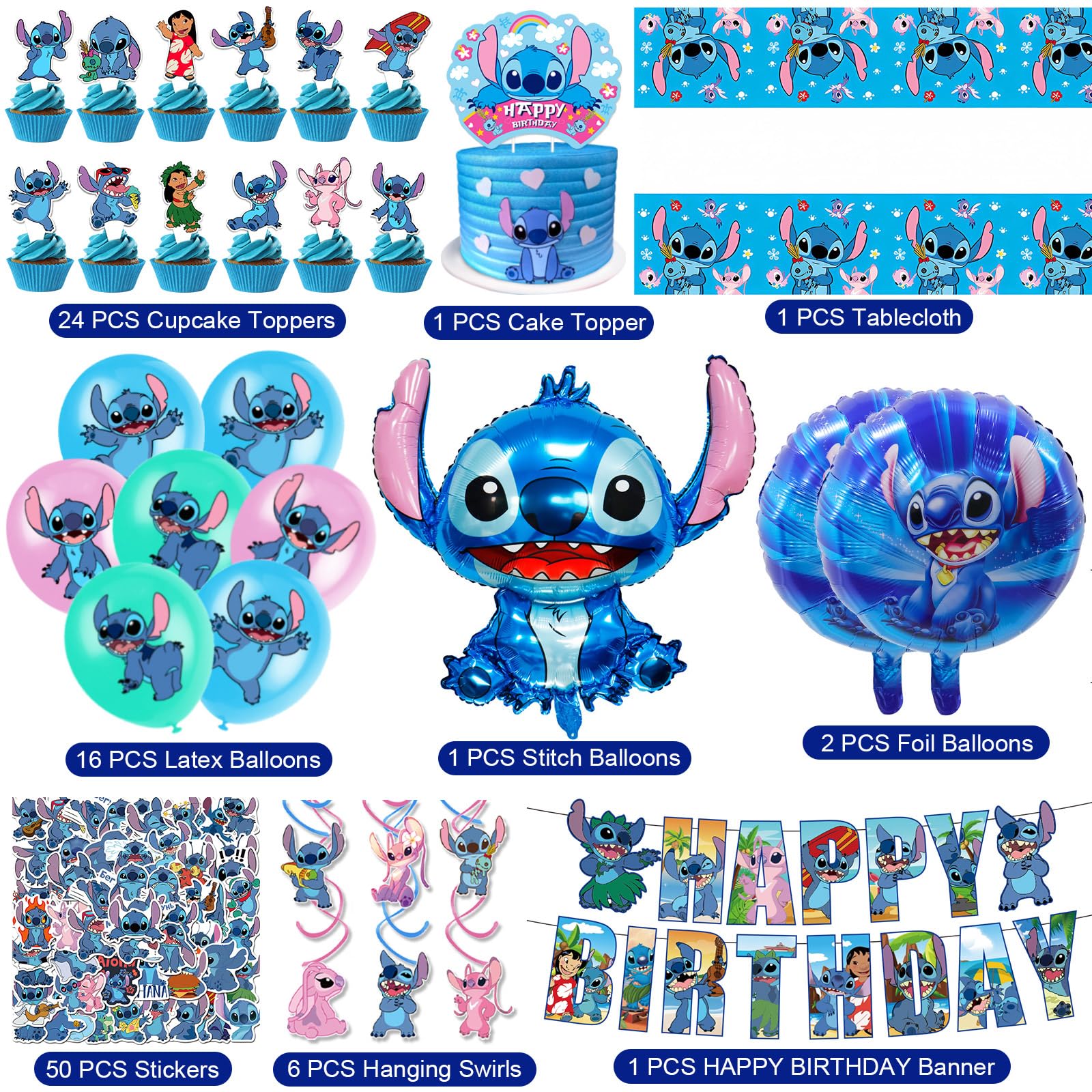Stitch Party Supplies, 101PCS Birthday Decorations Set Include Banner, Balloons, Stickers, Hanging Swirls, Cake Cupcake Toppers, Tablecloth for Boys Girls Stitch Theme Party