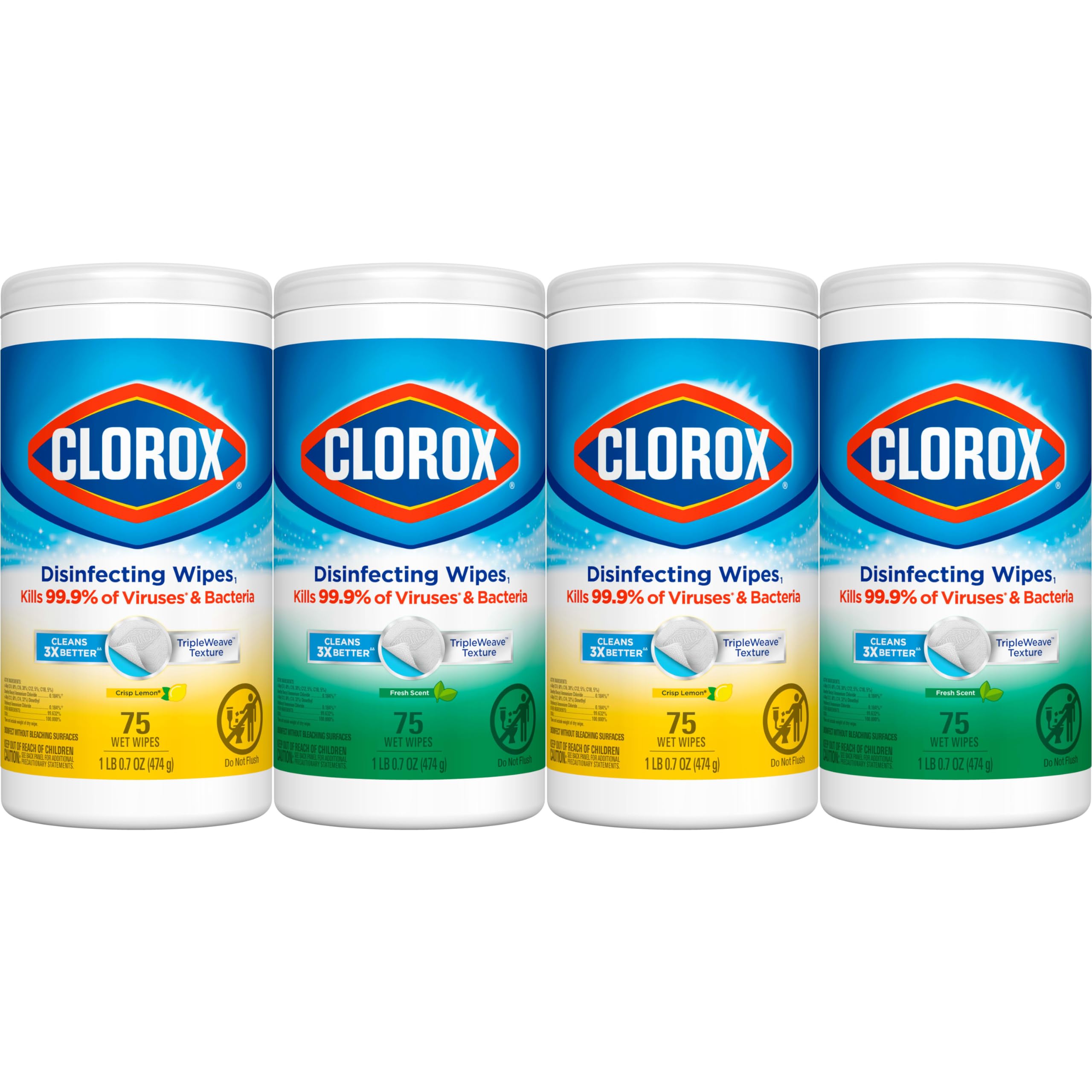 Clorox Disinfecting Wipes Value Pack, Bleach Free Cleaning Wipes, 75 Count Each, Pack of 4