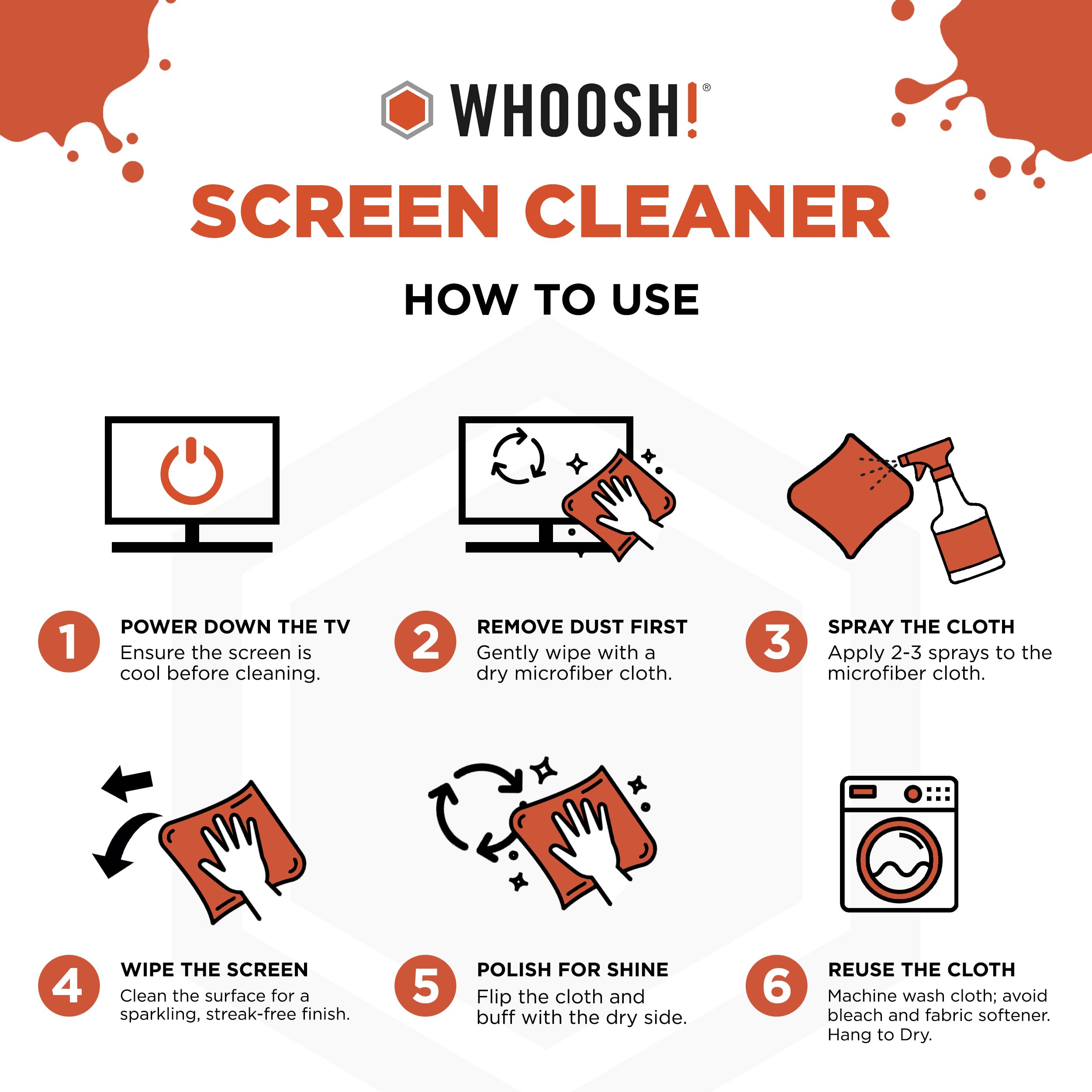 WHOOSH! Screen Shine Pro 16.9 fl oz Refillable TV Screen Cleaner with Microfiber Cloth - Streak-Free Cleaner for Flat Screen, OLED TV, LCD, Smart TV, and Monitors - Non-Toxic and Odorless Formula