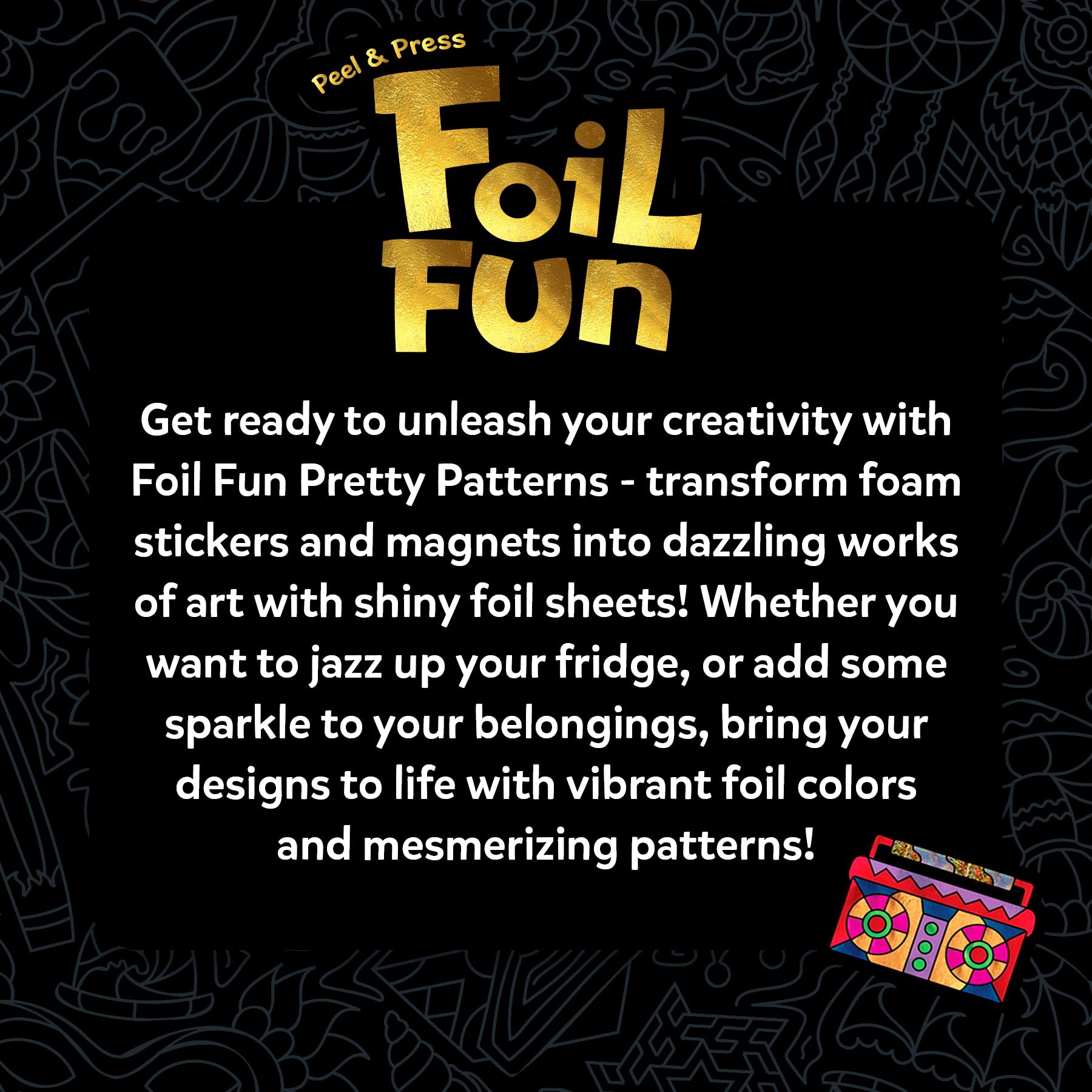 Skillmatics Foil Fun - Pretty Patterns, 18 DIY Magnets Mess-Free Art, Colorful Creative Party Activity, Craft Kits, 60+ Foam Stickers, Gifts for Kids, Teens, Adults, Families