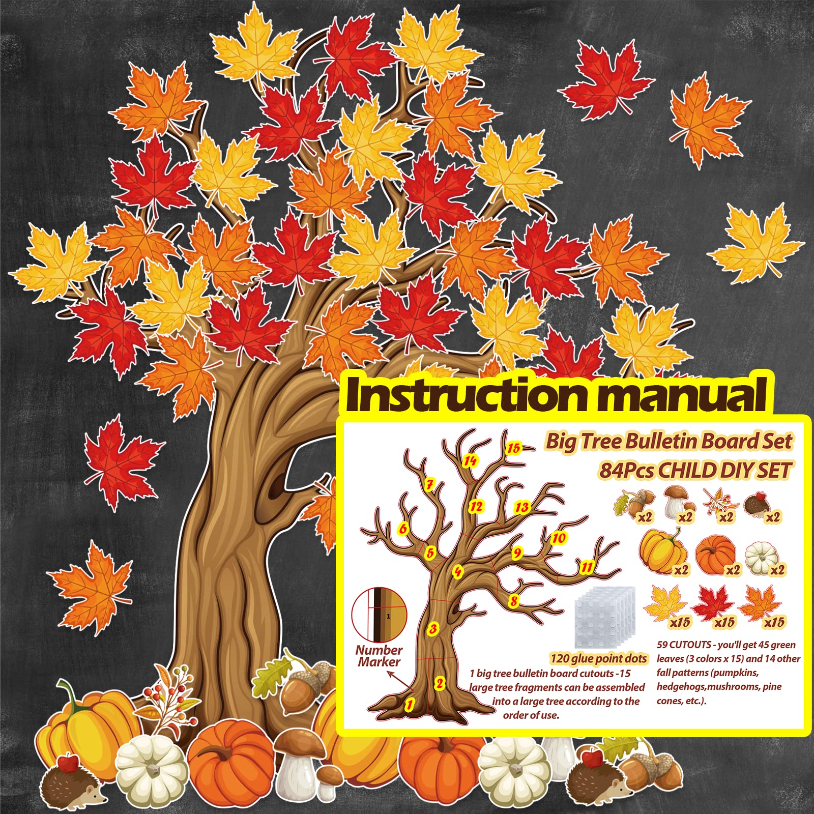 4Ft Big Tree Bulletin Board Set Spring Fall Summer Tree Bulletin Board Decoration with Maple Leaves Butterflies Pumpkins Cutouts for Classroom Home Chalkboard Wall Decoration, 74Pcs (Maple Leaves)