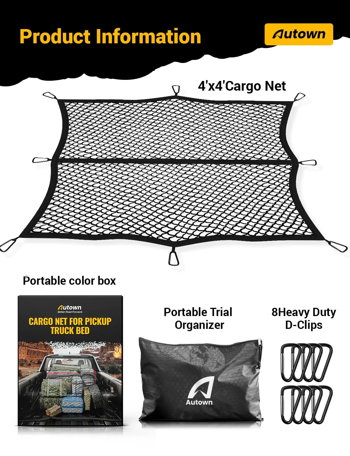 AUTOWN Cargo Net for Pickup Truck Bed - Stretchable 4'x4' to 7'x7', High Elastic Fine Mesh 1''x1'' with 8 Metal Carabiners - Ideal for ATV, SUV, UTV, Truck and Boat Use (Single Layer)