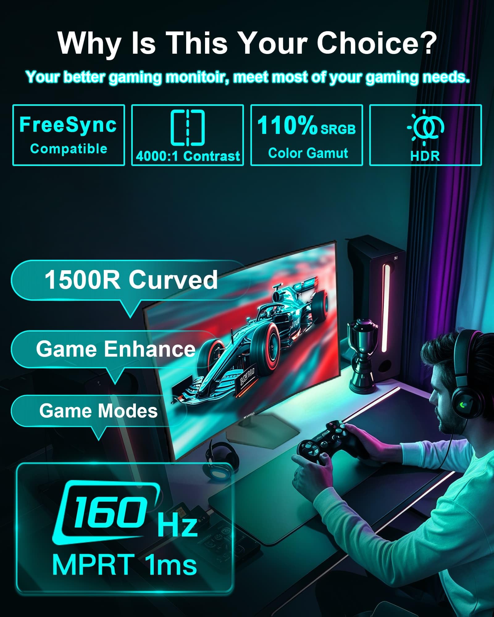SANSUI 27 Inch Curved 160Hz Gaming Monitor, 1500R Curved Computer Gaming Monitor FHD 1080P, 4000:1, 110% sRGB, FPS/RTS, 1Ms MPRT|FreeSync|HDR|Low Blue Light|HDMI DP| VESA Support, HDMI Cable Incl.