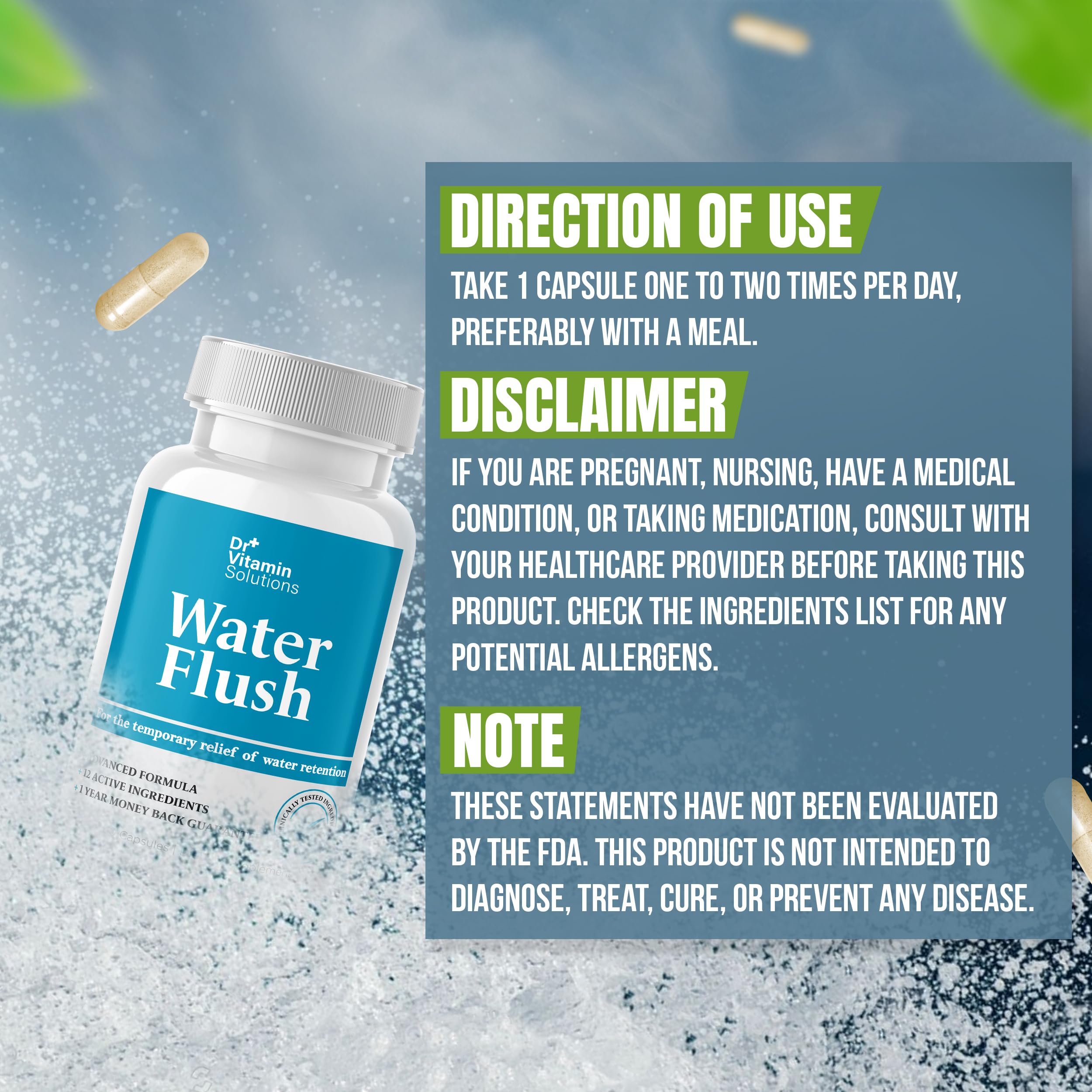 DR VITAMIN SOLUTIONS Diuretic Water Pills for Weight Control, 12 Active Ingredients (Green Tea, Cranberry & More), Instant Relief from Bloat & Swelling, Water Retention Pills for Women & Men - 60 Caps