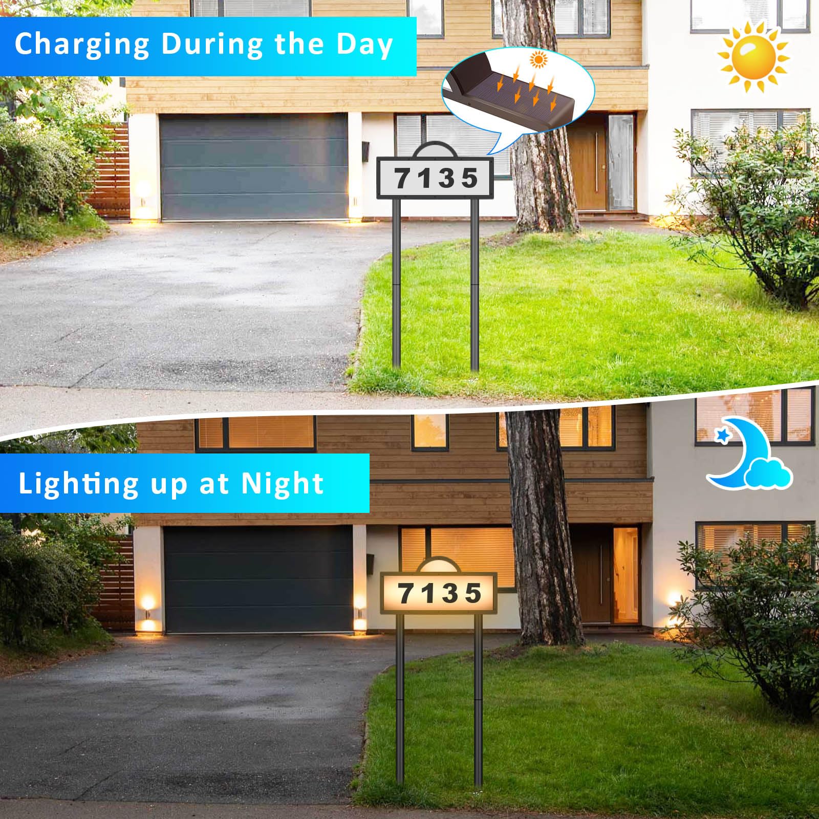 Solar Address Signs for Yard, Solar Powered Address Sign with Warm White & Cold White, IP65 Waterproof Solar House Numbers for Outside, LED Illuminated Plaques Wall Mounted & In Ground